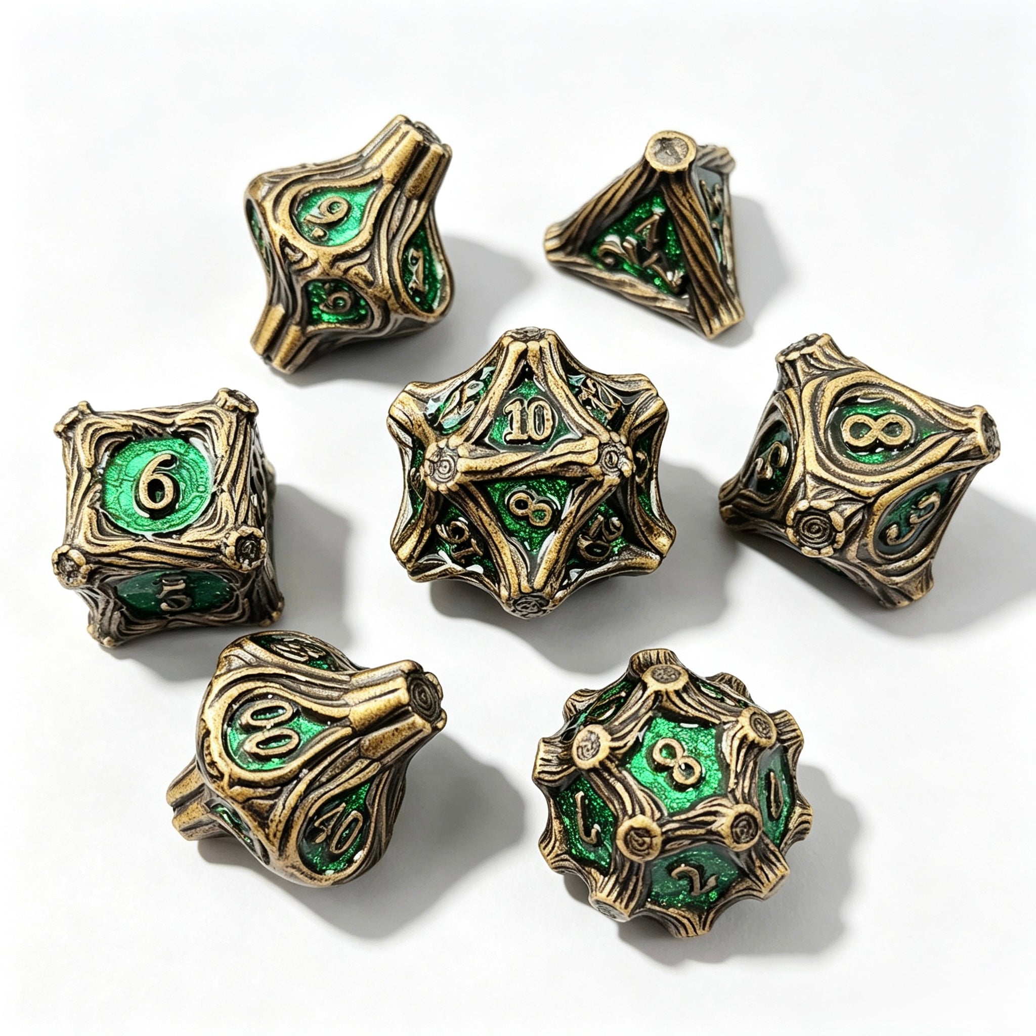 Wooden Swirl Green 7-Piece Metal Dice Set