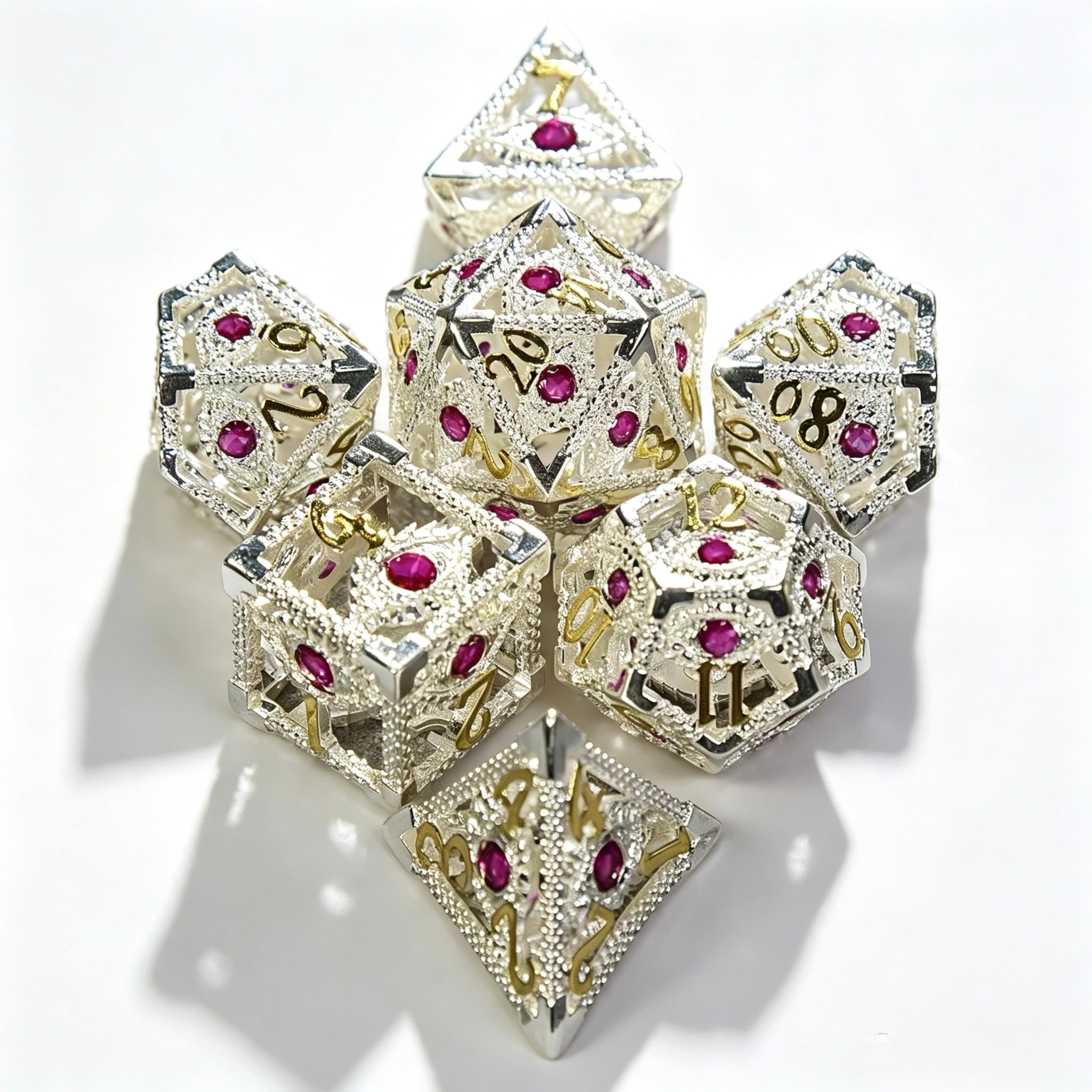 Rose Quartz Eye Silver 7-Piece Metal Dice Set