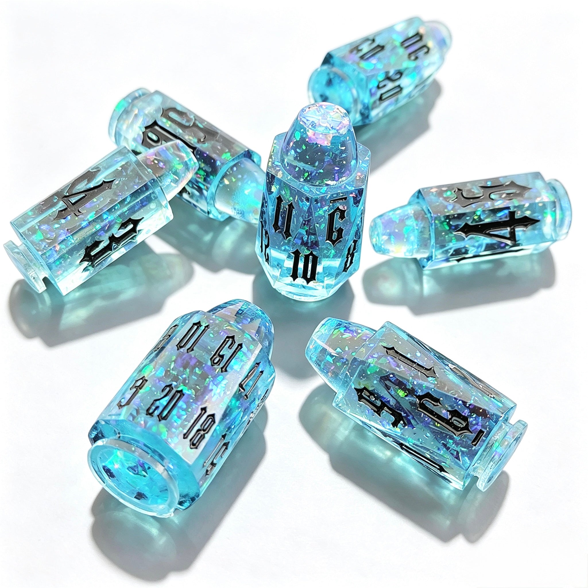 Sky Blue Glitter Bullet Solid Core 7-Piece Dice Set