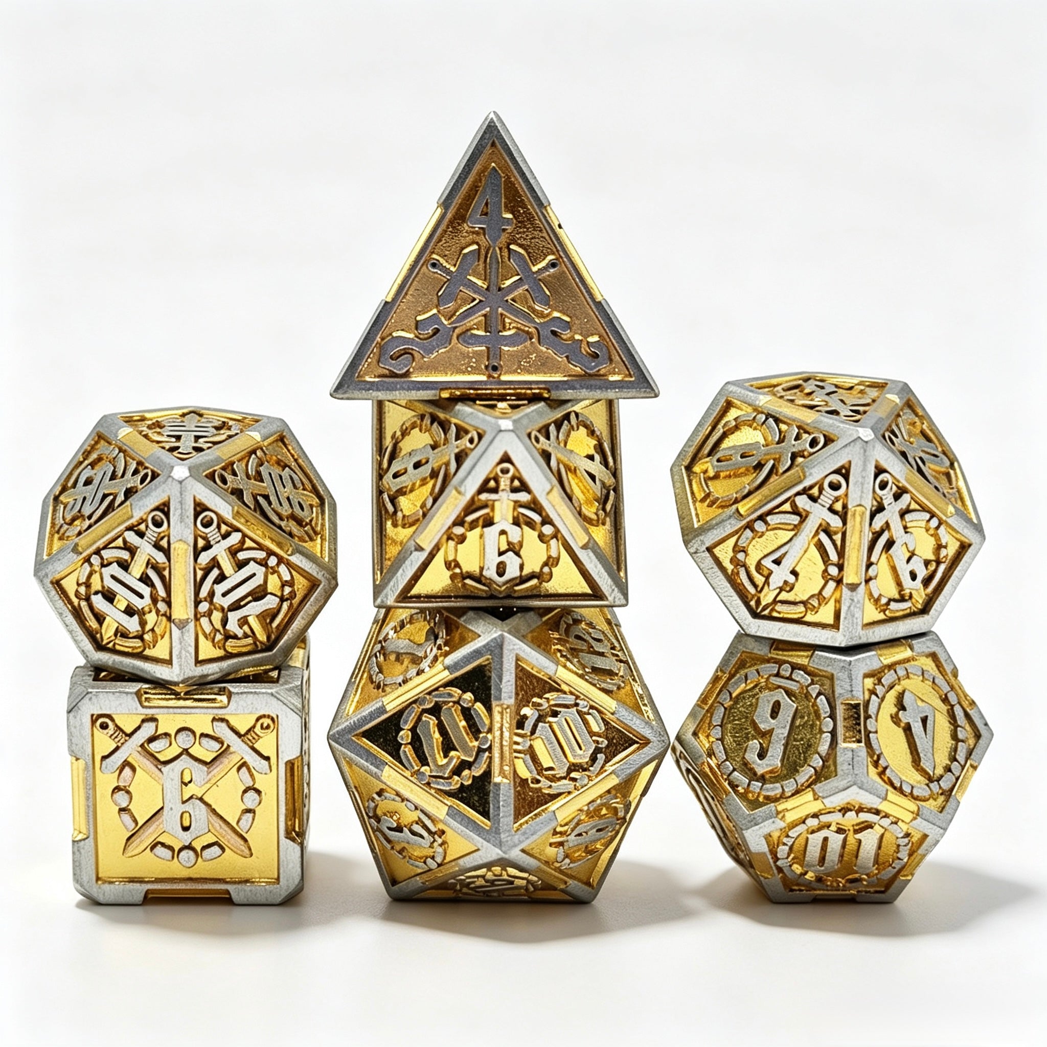 Glided Armory Silver Gold 7-Piece Metal Dice Set