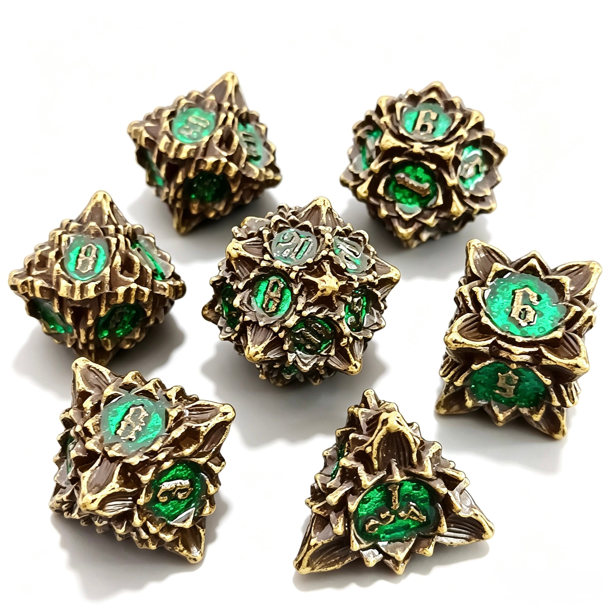 Gold Green Lotus 7-Piece Metal Dice Set