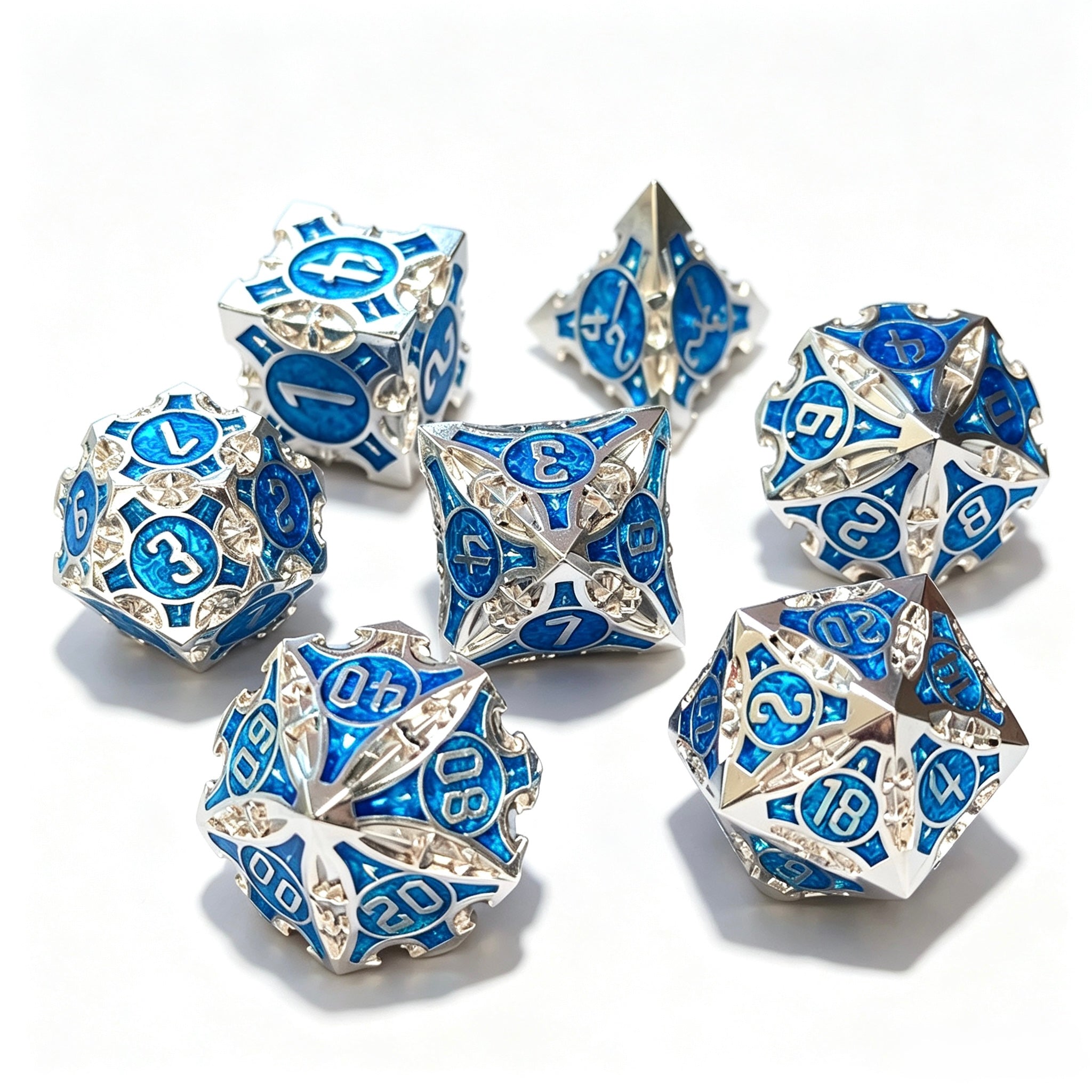 Geometrical Silver Blue 7-Piece Metal Dice Set