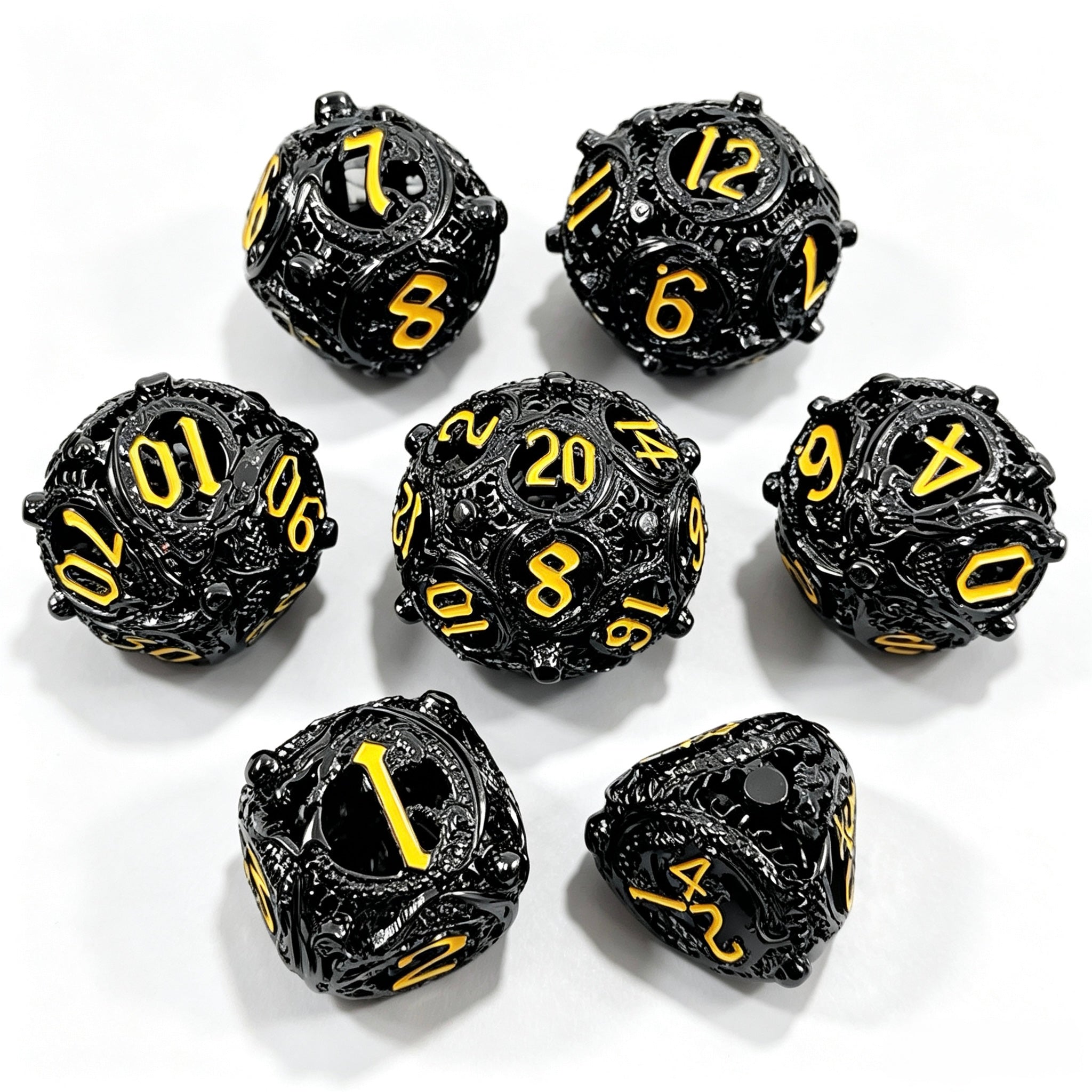 Dragon Swirl Black Yellow 7-Piece Metal Dice Set