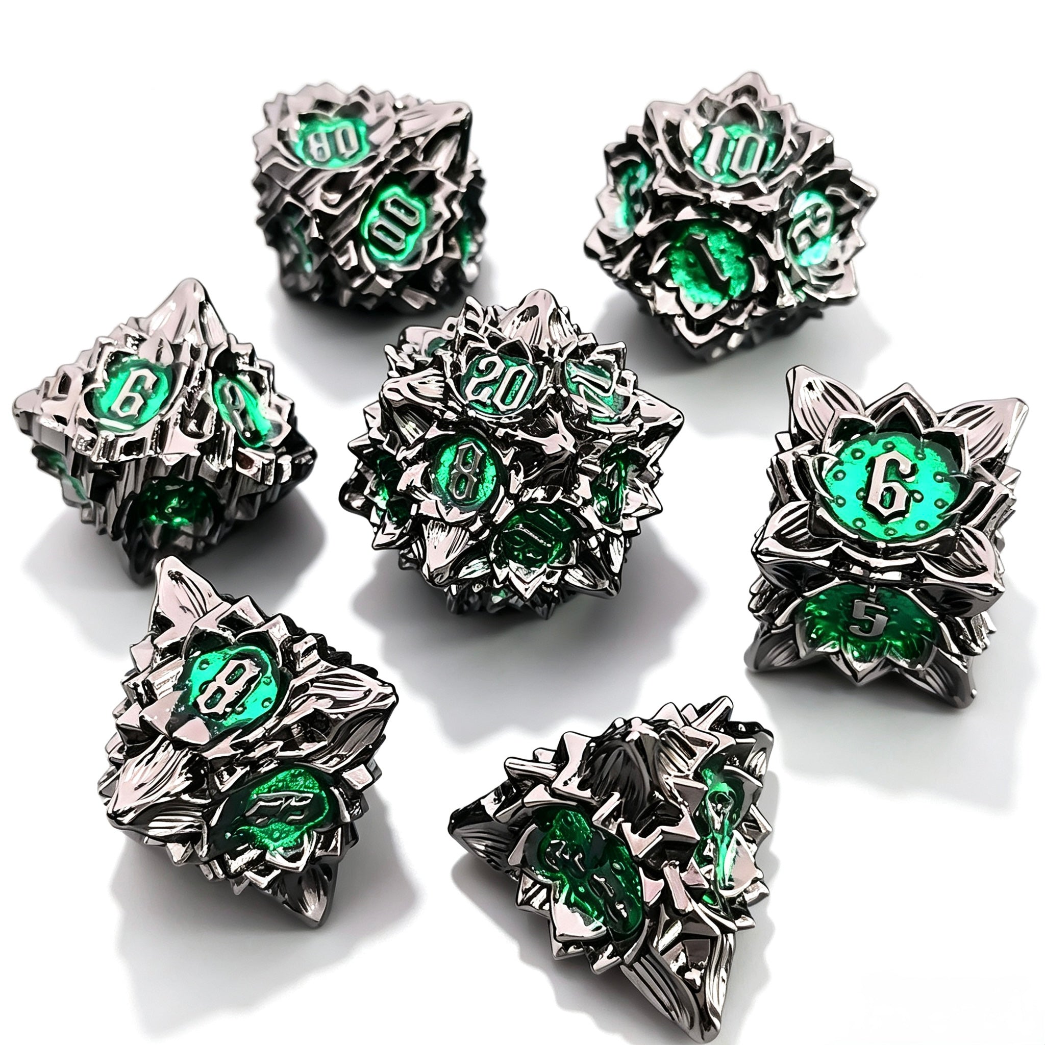 Silver Green Lotus 7-Piece Metal Dice Set
