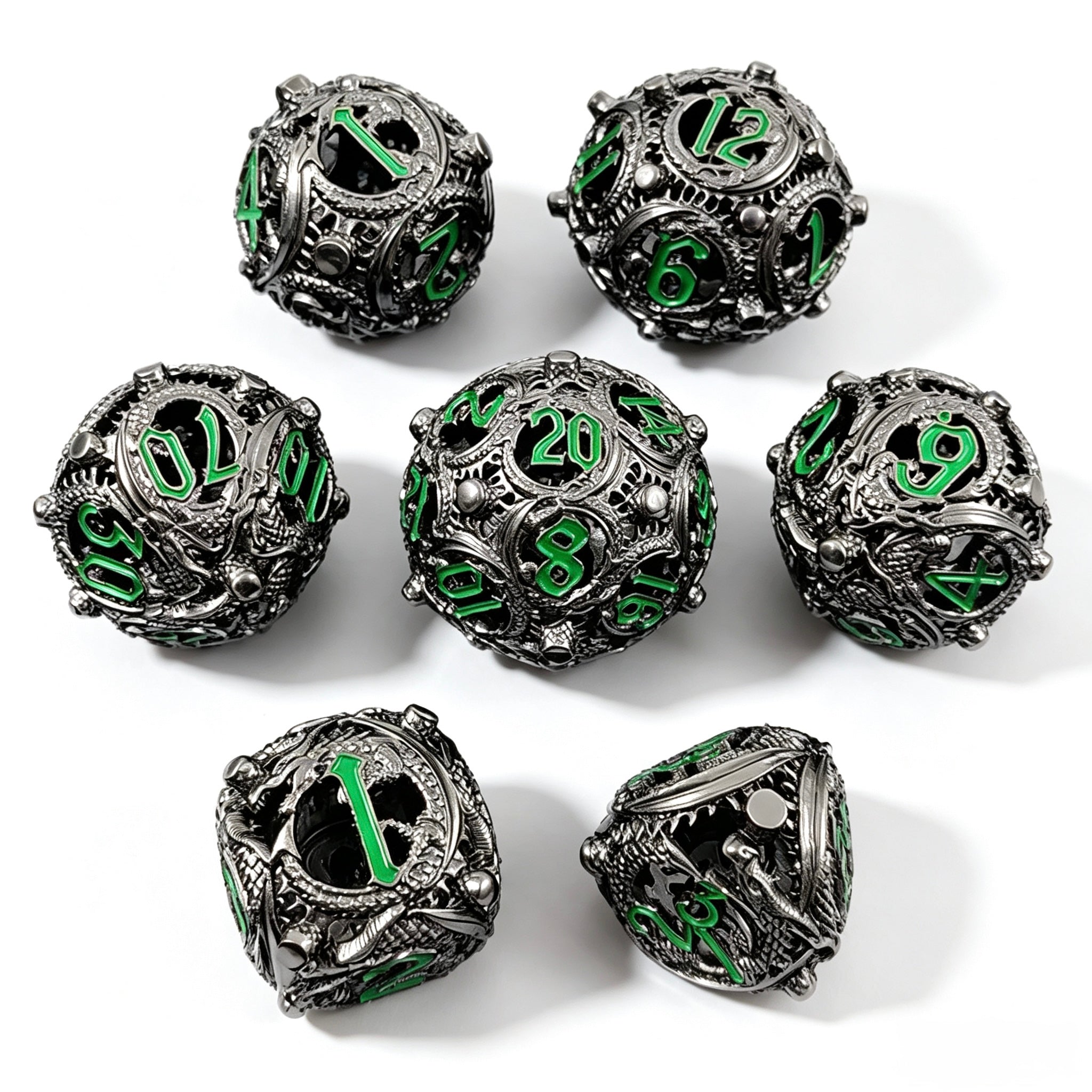 Dragon Swirl Silver Green 7-Piece Metal Dice Set
