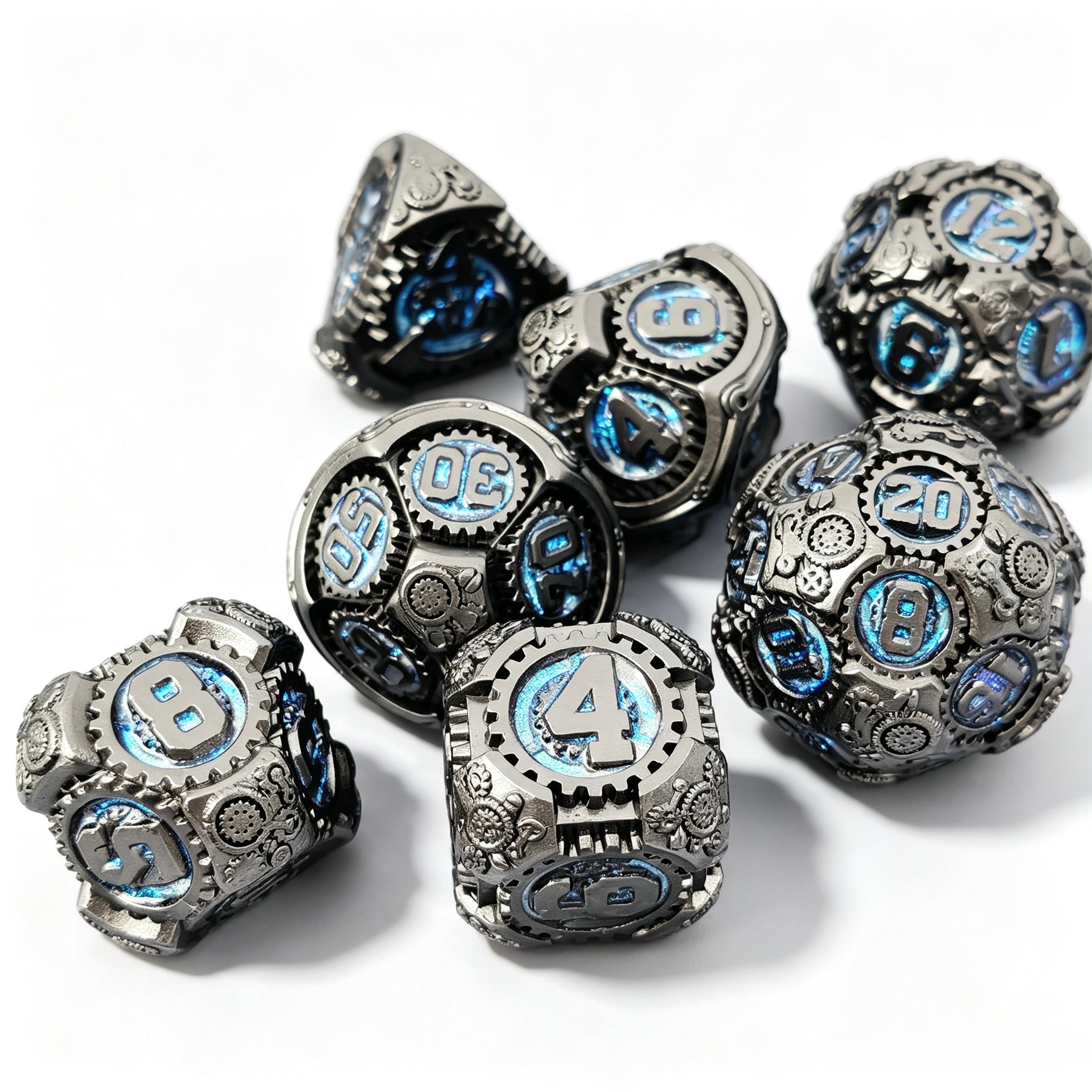 Steampunk Silver Blue 7-Piece Metal Dice Set
