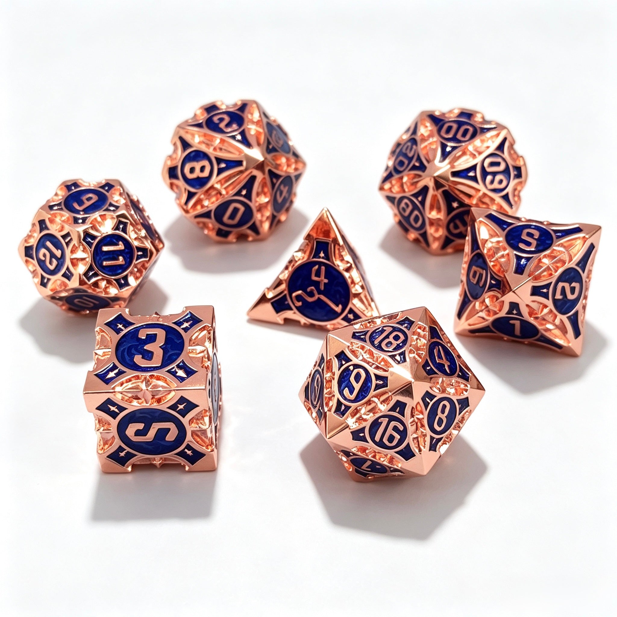 Geometrical Copper Blue 7-Piece Metal Dice Set