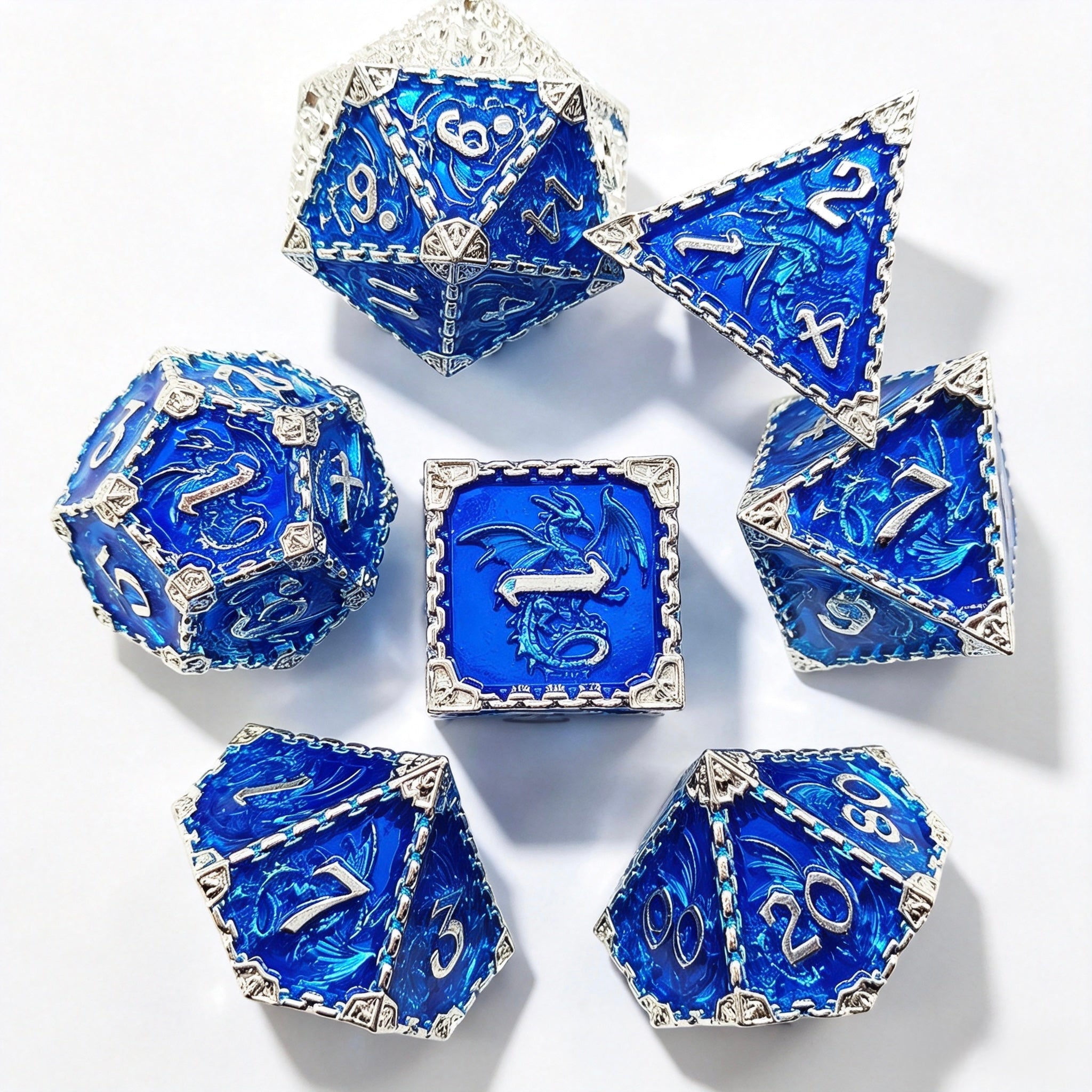 Dragon Totem Silver Blue 7-Piece Metal Dice Set