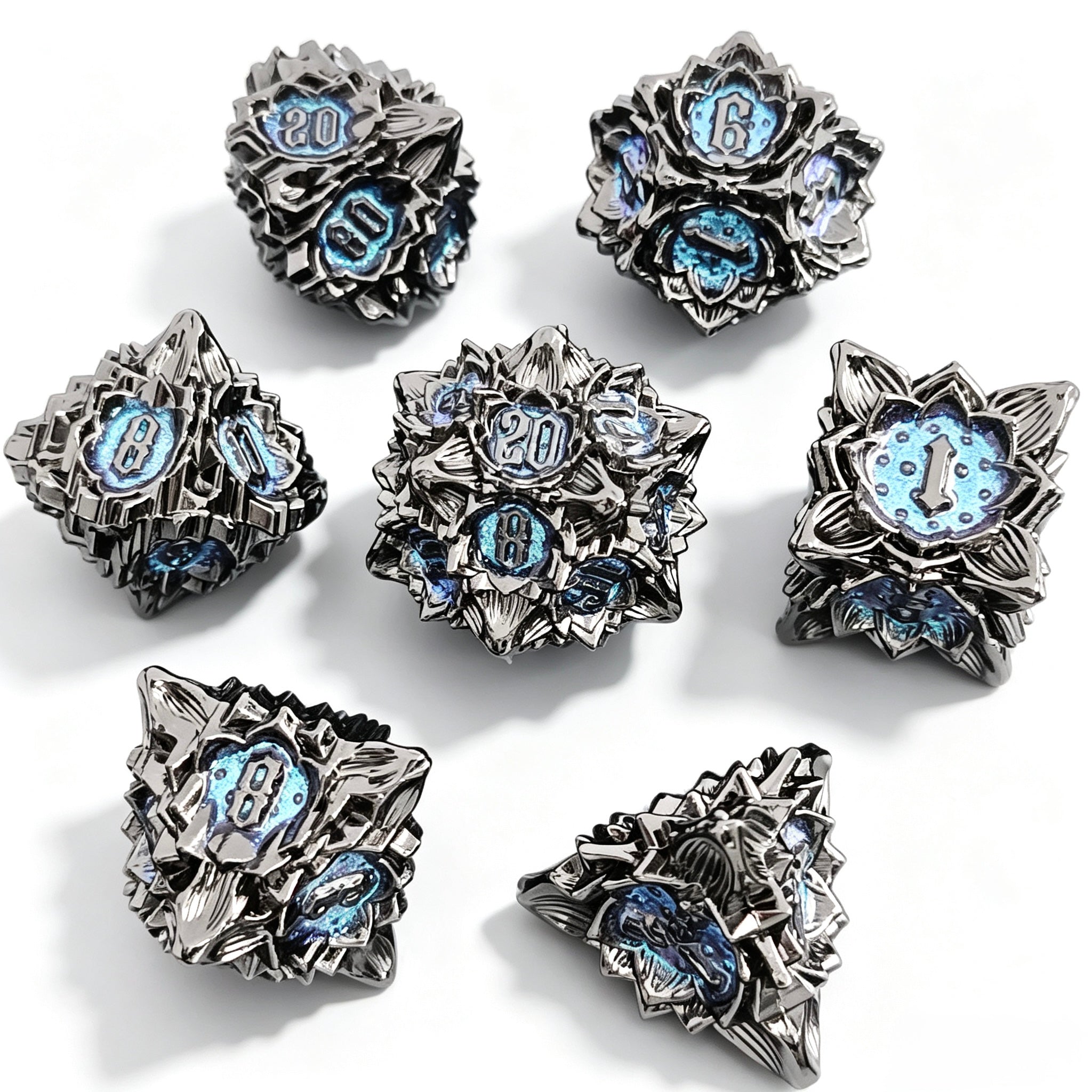 Silver Blue Lotus 7-Piece Metal Dice Set