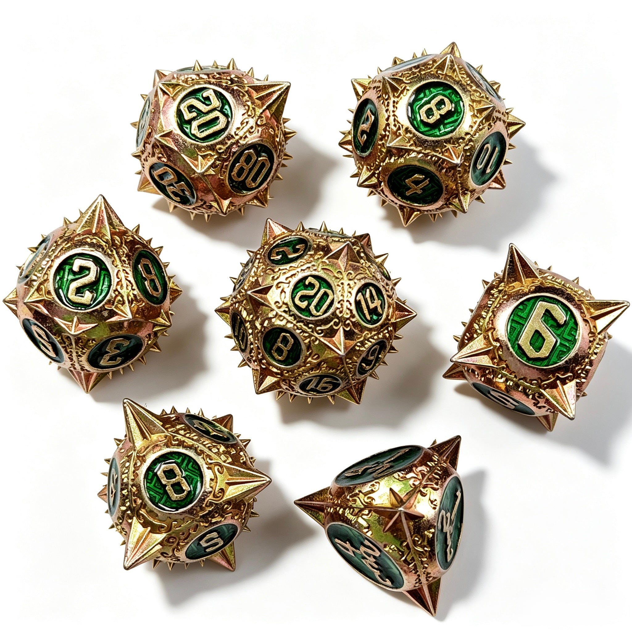 Virus Gold Green 7-Piece Metal Dice Set