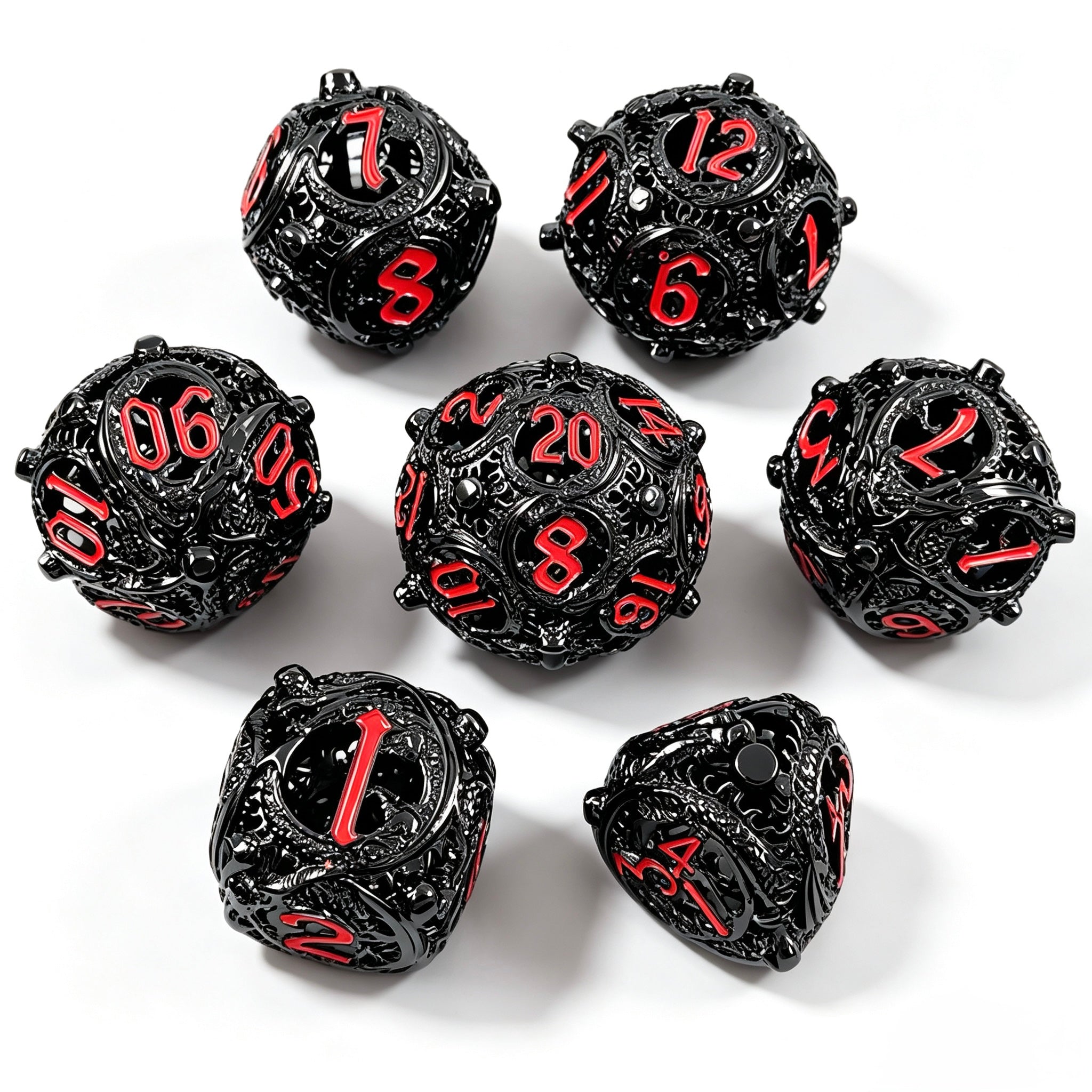 Dragon Swirl Black Red 7-Piece Metal Dice Set