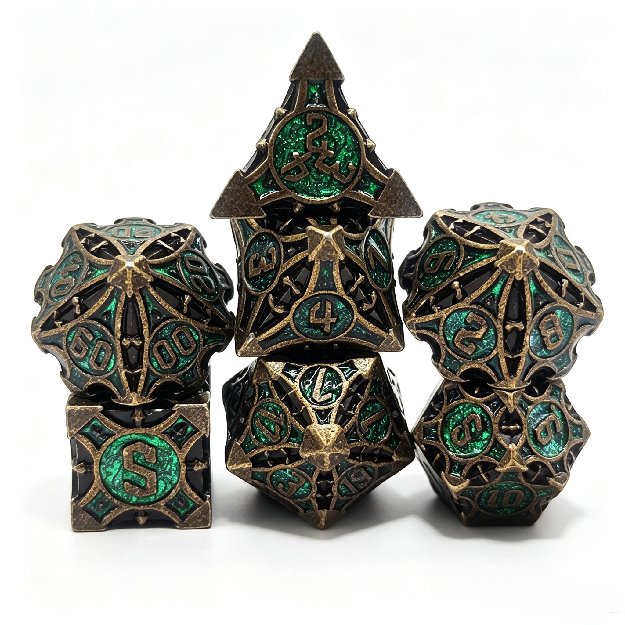 Geometrical Antique Bronze Green 7-Piece Metal Dice Set