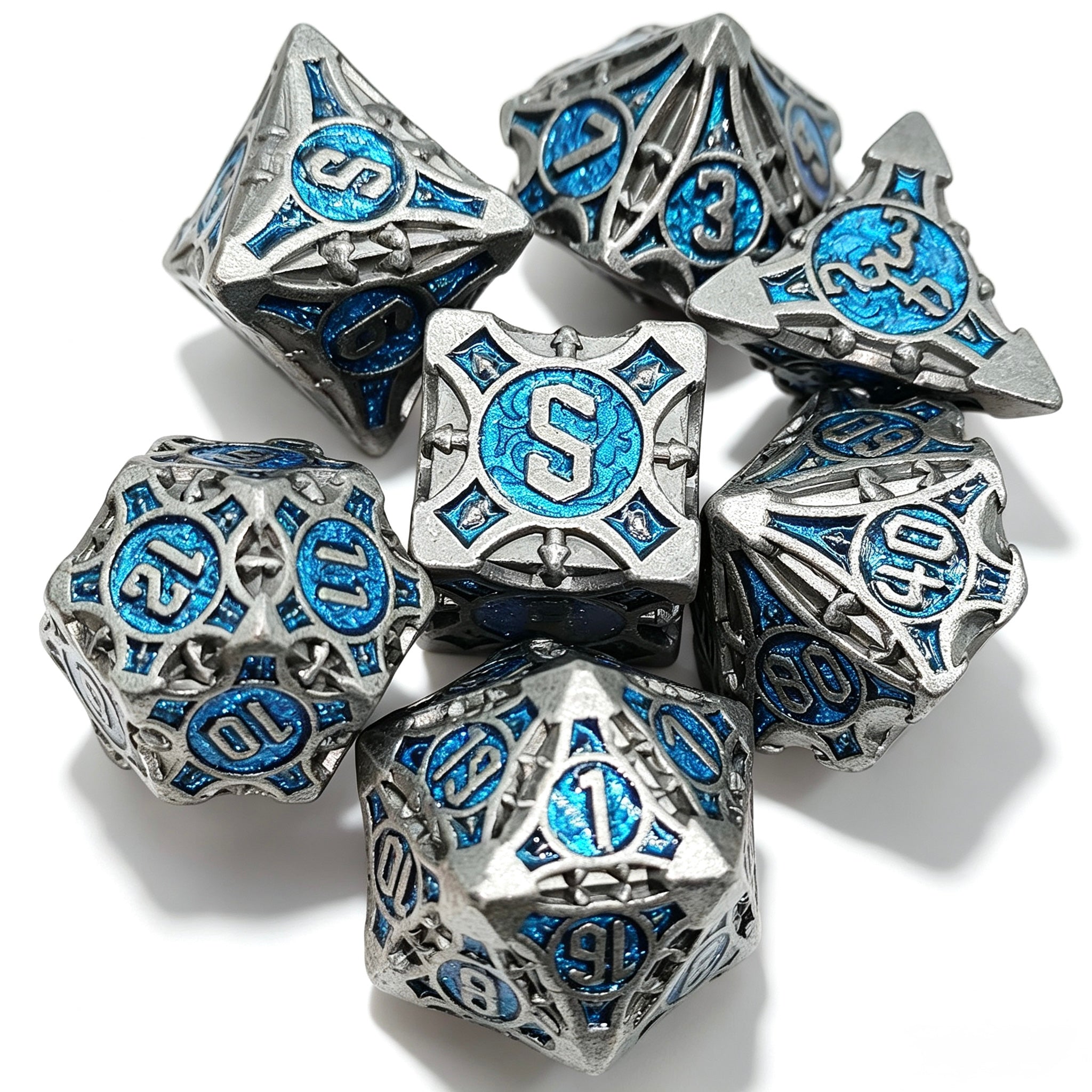 Geometrical Antique Blue 7-Piece Metal Dice Set
