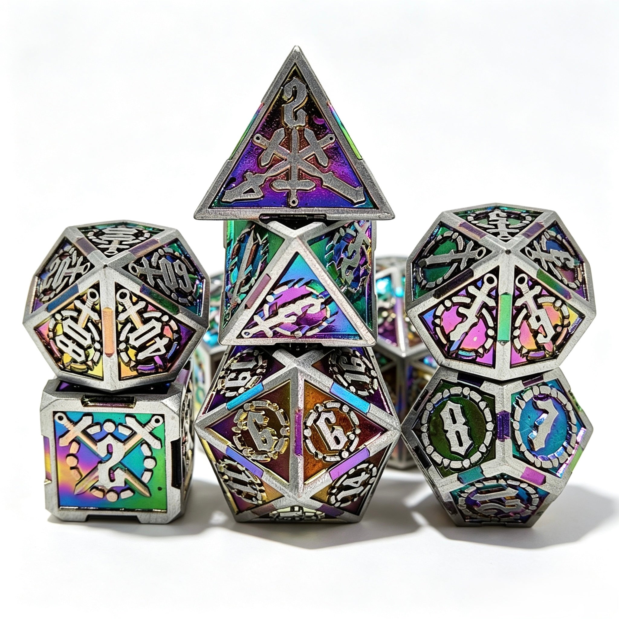 Glided Armory Silver Rainbow 7-Piece Metal Dice Set