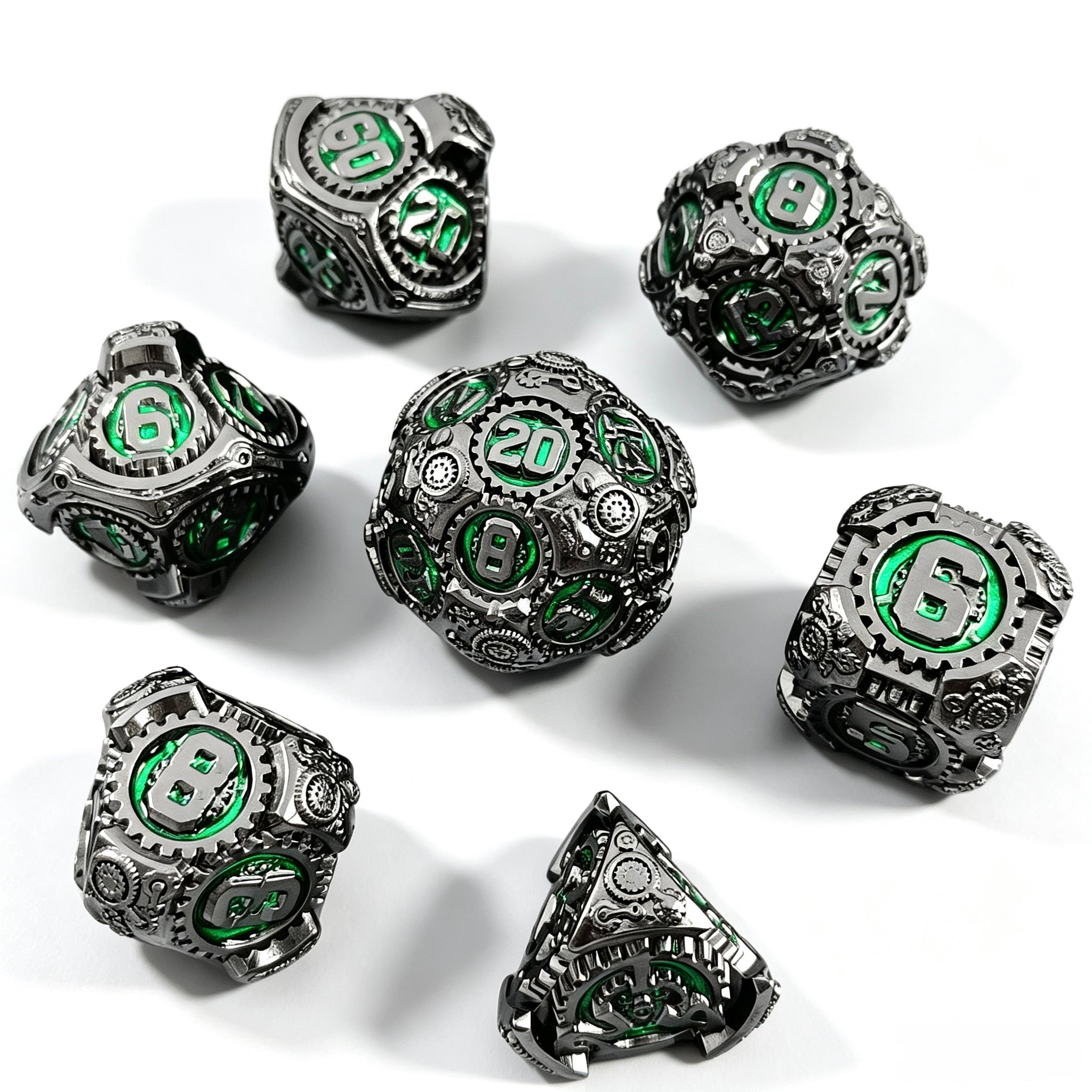 Steampunk Silver Green 7-Piece Metal Dice Set