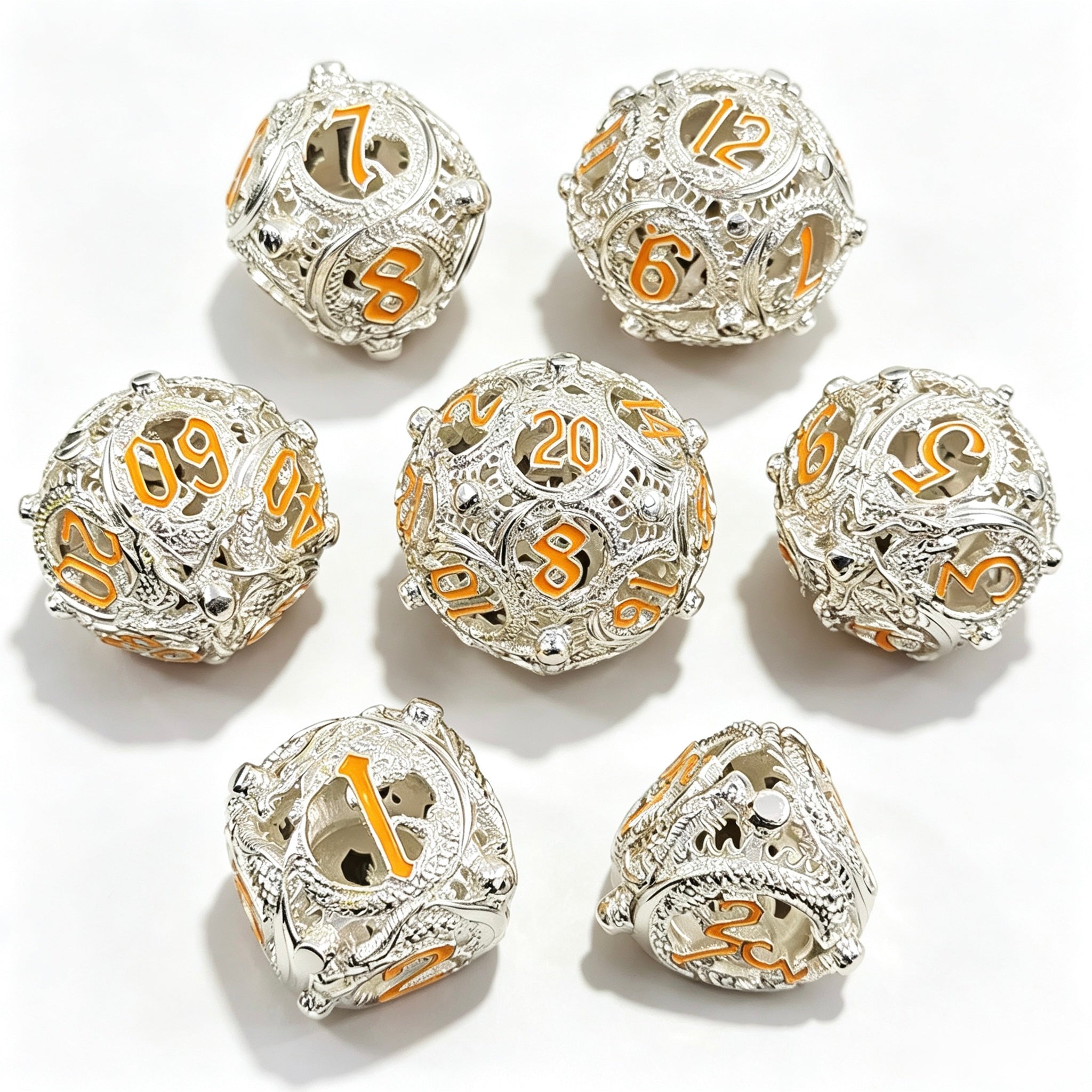 Dragon Swirl Silver Yellow 7-Piece Metal Dice Set