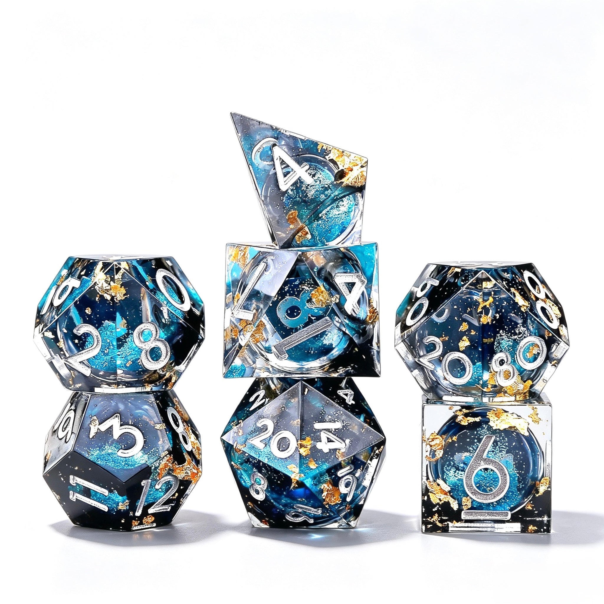 Blue Gold Foil Glitter Liquid Core 7-Piece Dice Set
