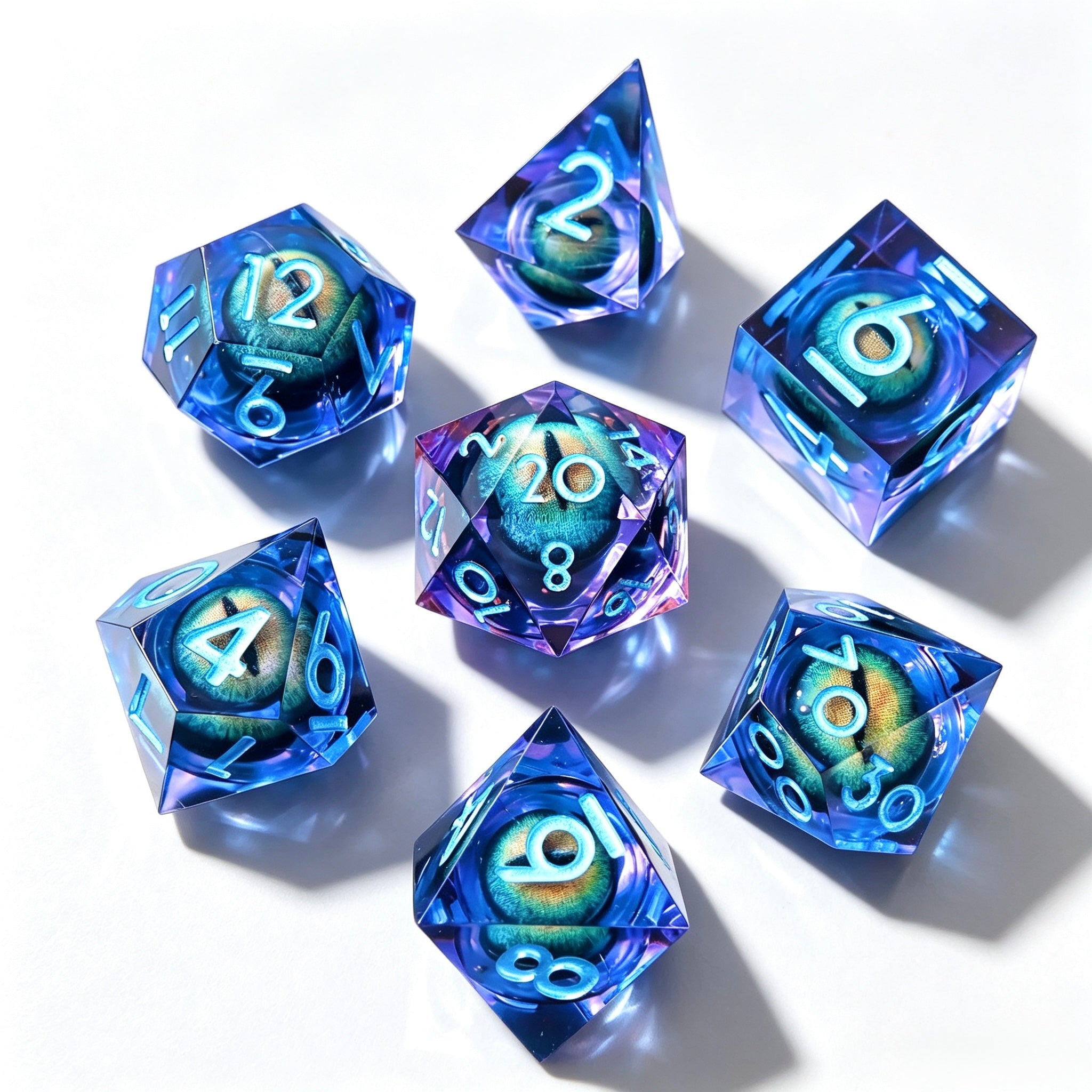Navy-Green Eye Blue Lettering Liquid Core 7-Piece Dice Set