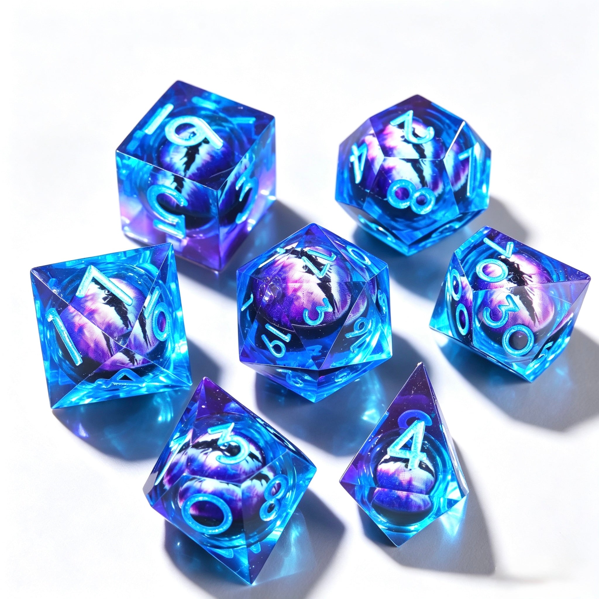 Blue-Purple Eye Blue Lettering Liquid Core 7-Piece Dice Set