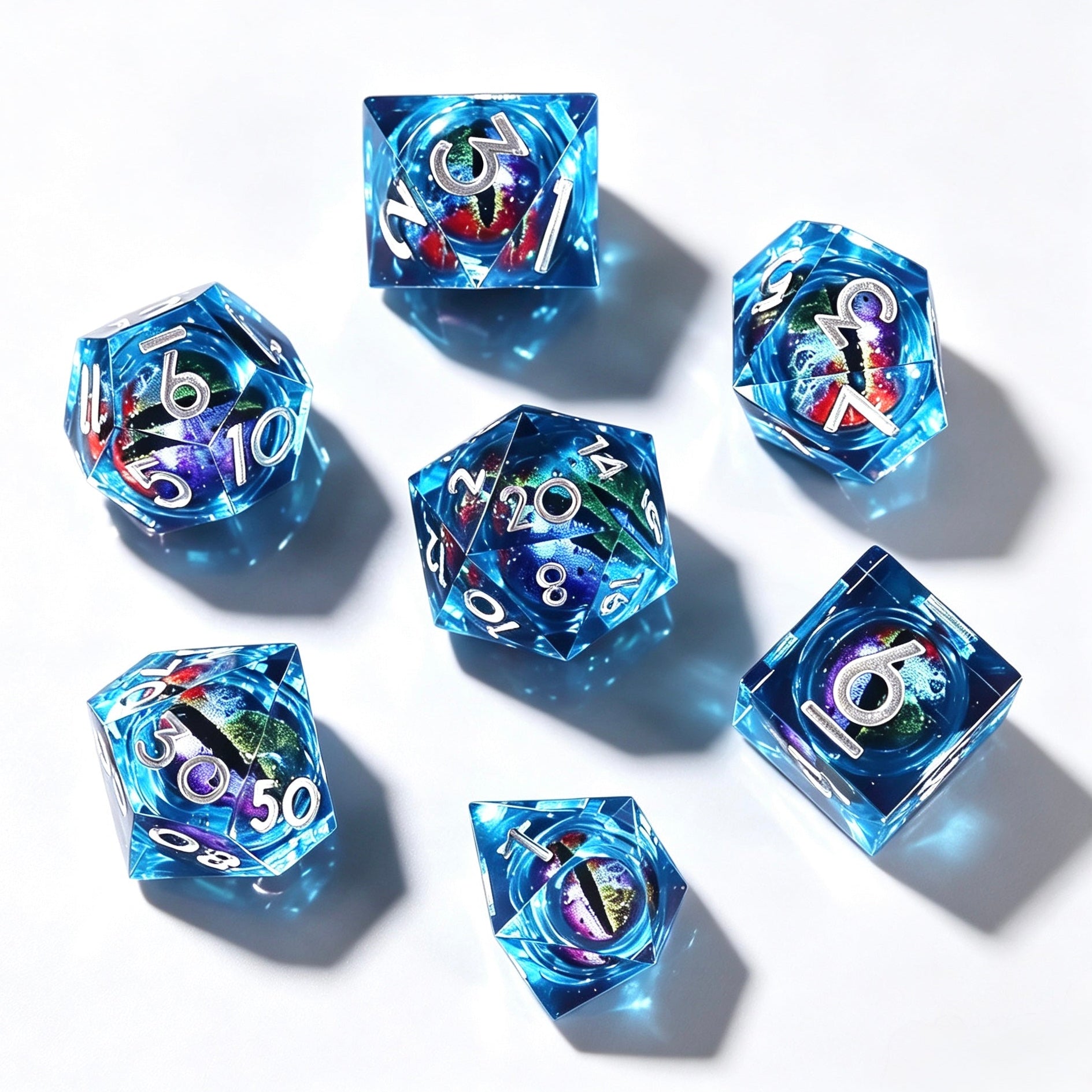 Blue-Color Eye Silver Lettering Liquid Core 7-Piece Dice Set