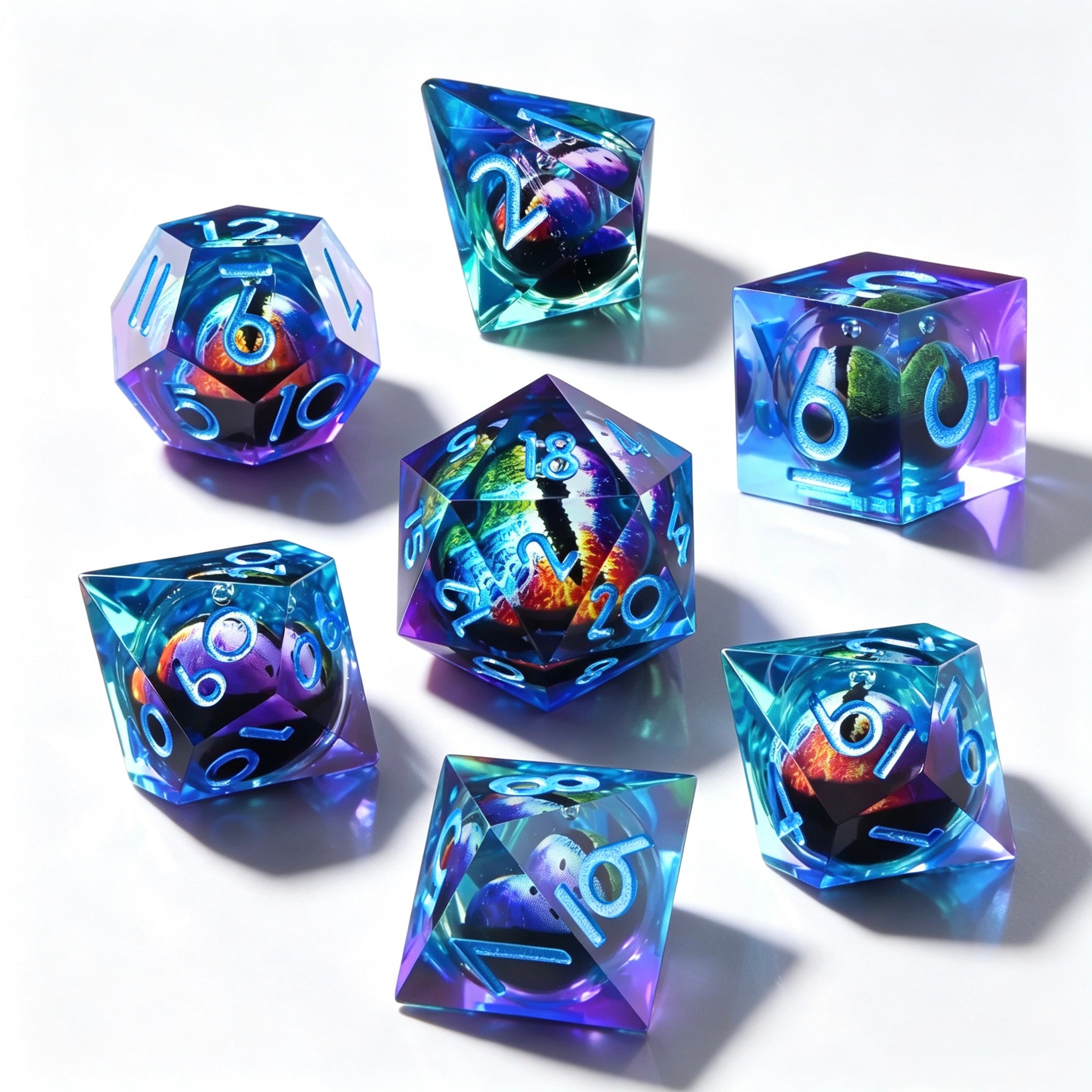 Gradient Color Eye Blue Lettering Liquid Core 7-Piece Dice Set