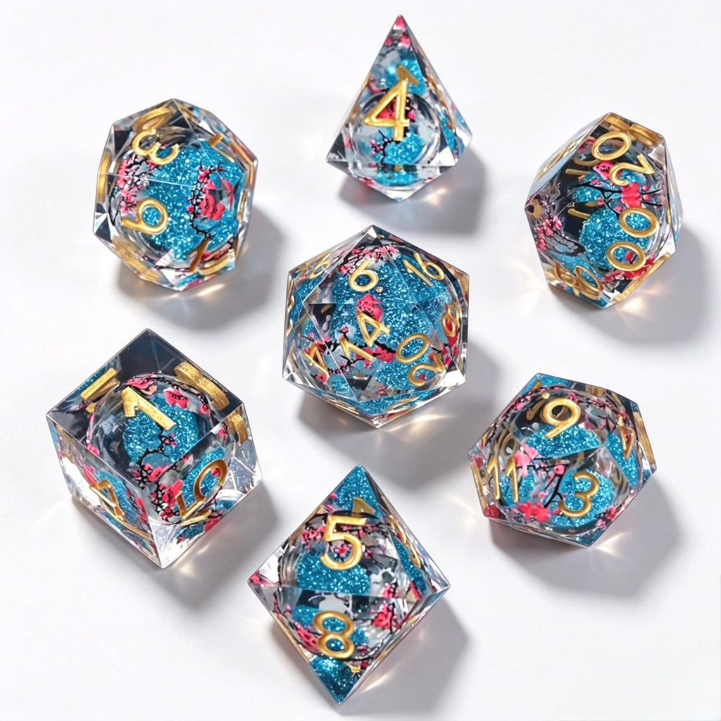Blue Sakura Liquid Core 7-Piece Dice Set