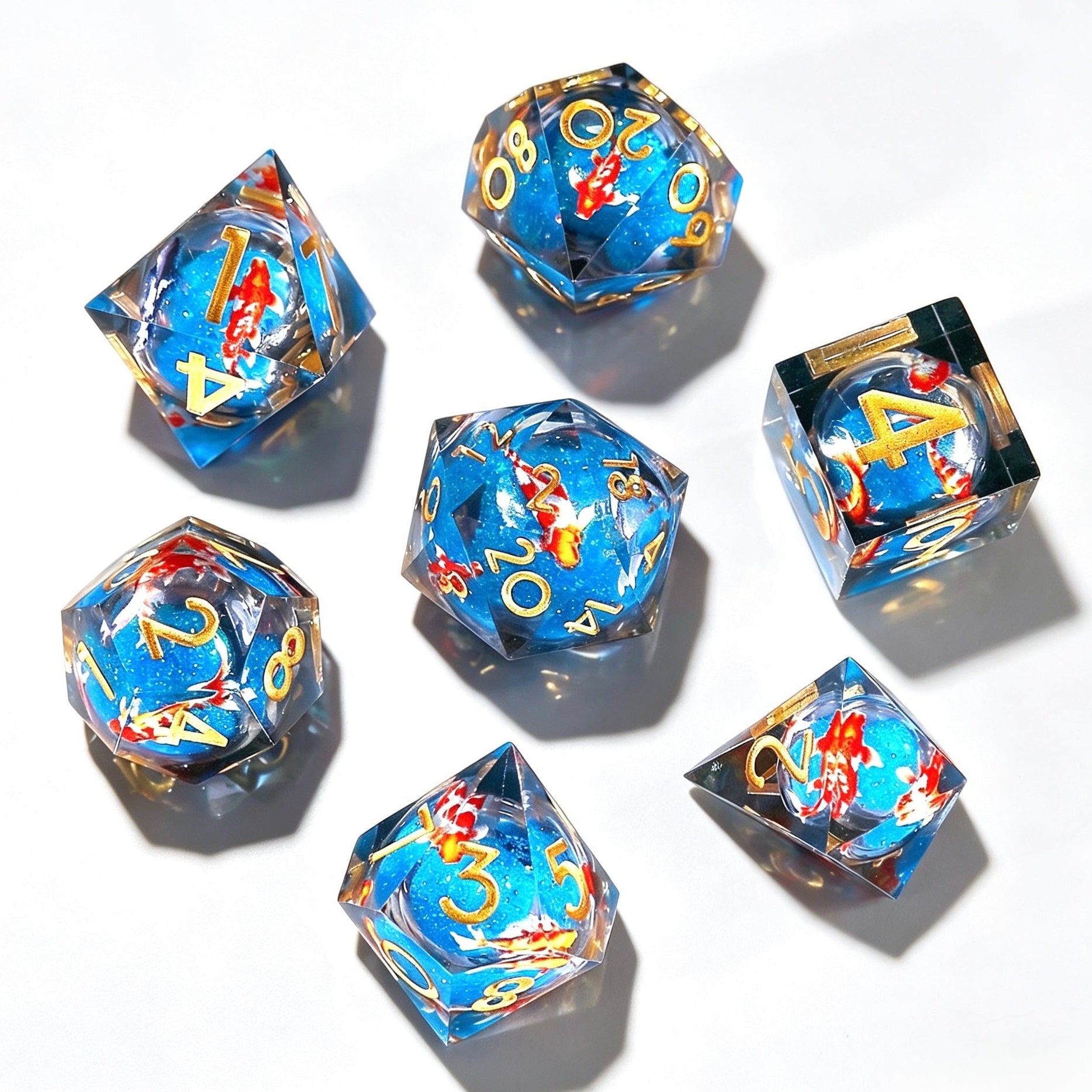 Blue Koi Gold Lettering Liquid Core 7-Piece Dice Set