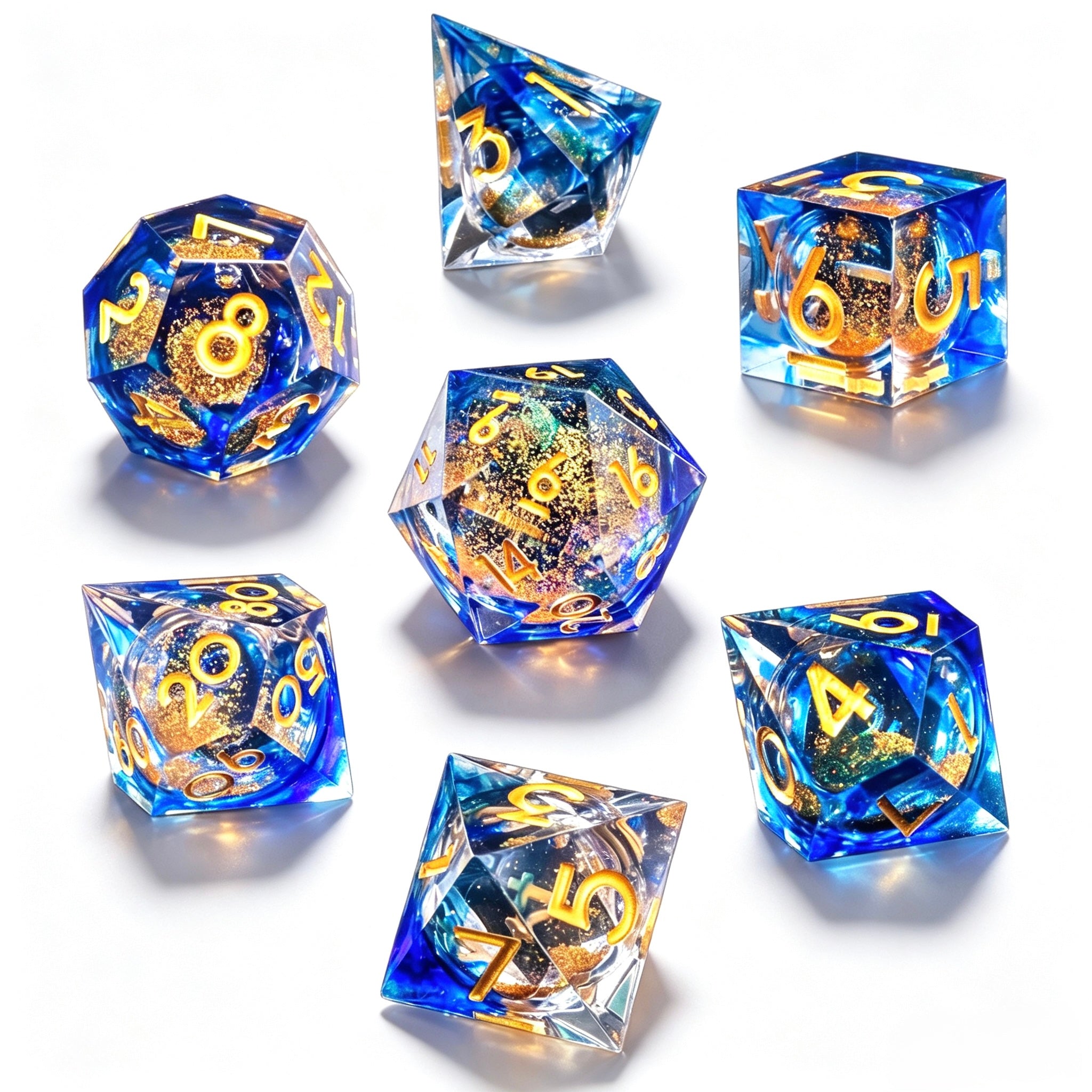 Dark Blue Gold Foil Glitter Liquid Core 7-Piece Dice Set