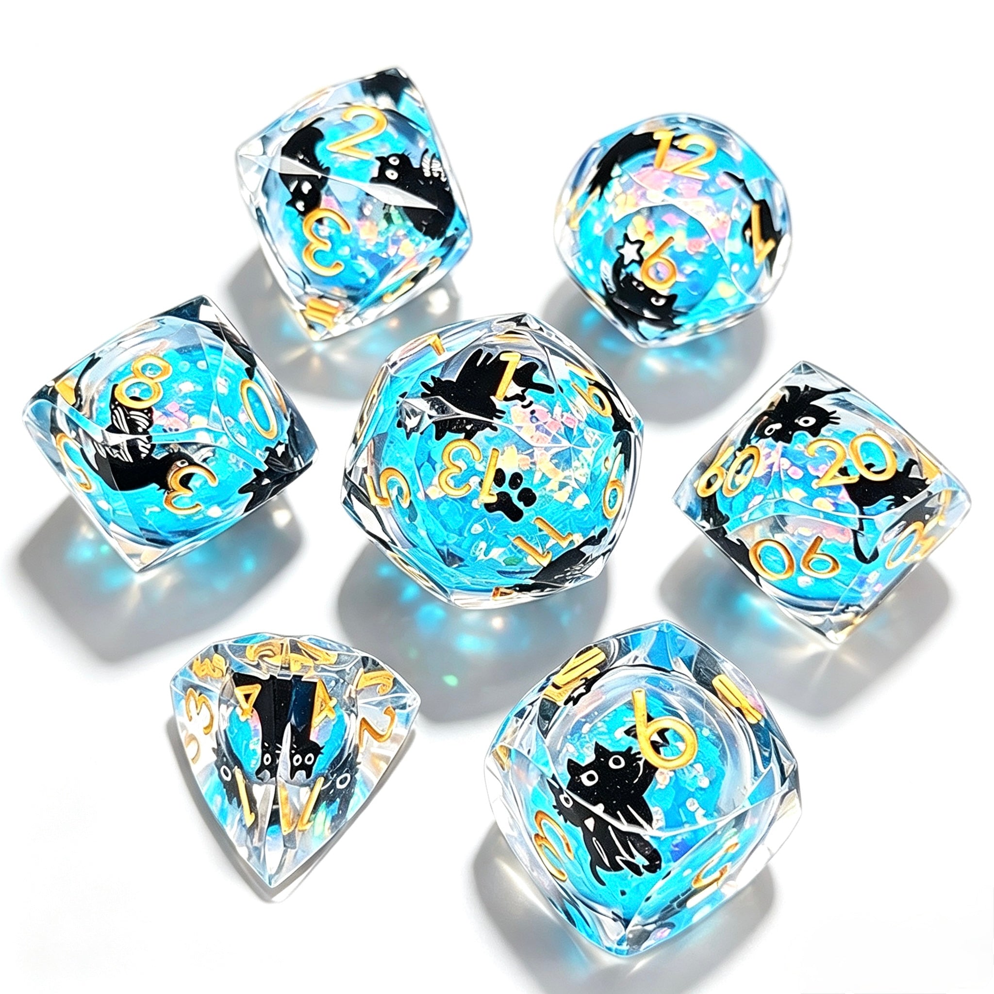 Blue Cat Diamond-Cut 7-Piece Dice Set (Glow-in-Dark)