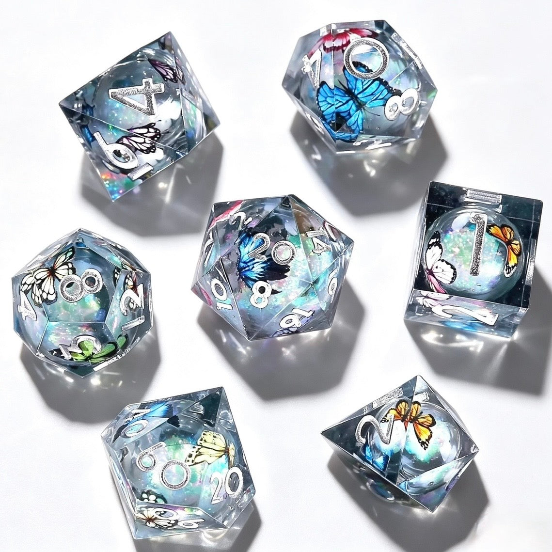 Silver Butterfly Liquid Core 7-Piece Dice Set