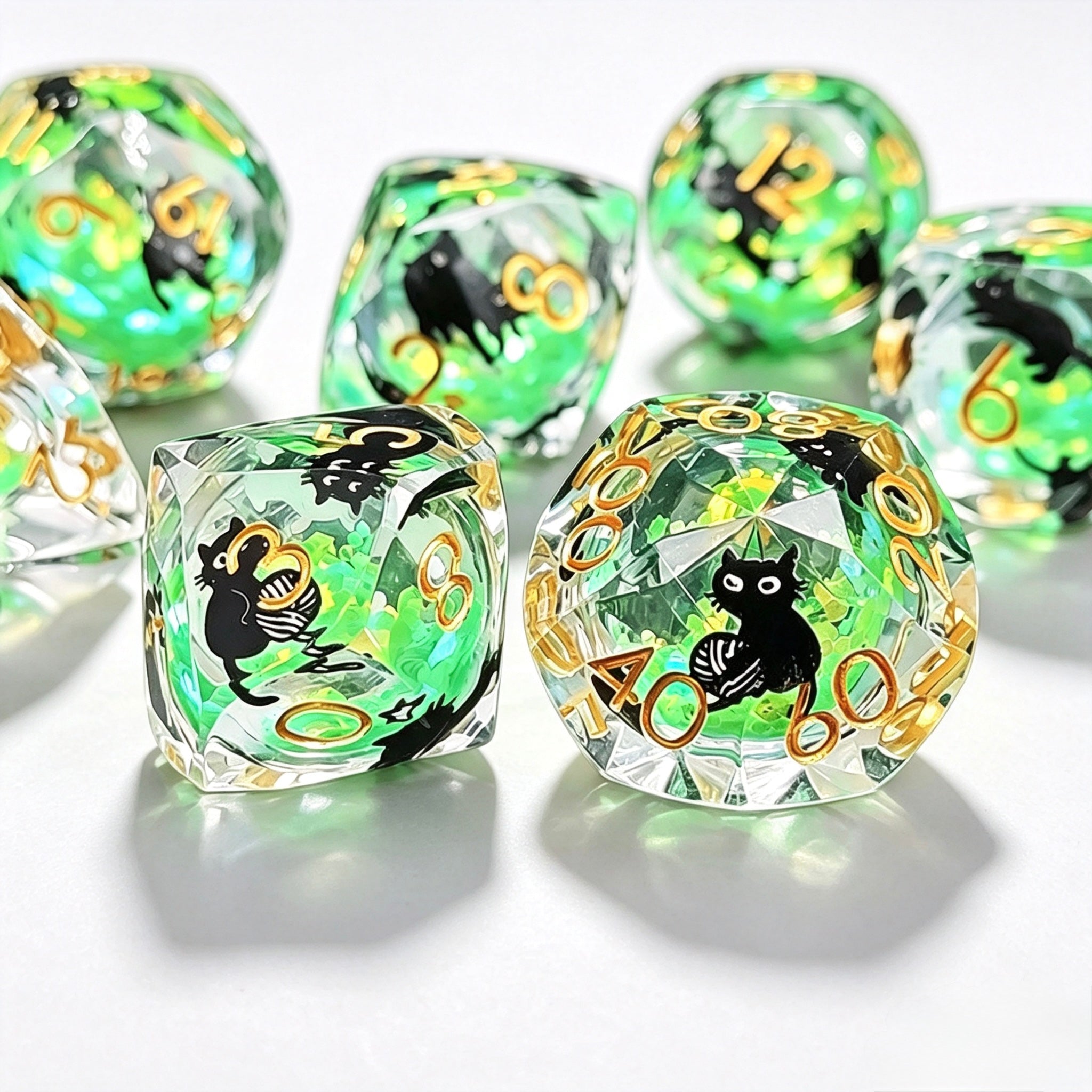Neon Green Cat Diamond-Cut 7-Piece Dice Set (Glow-in-Dark)