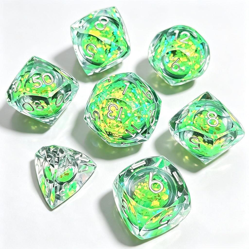 Green Diamond-Cut 7-Piece Dice Set (Glow-in-Dark)
