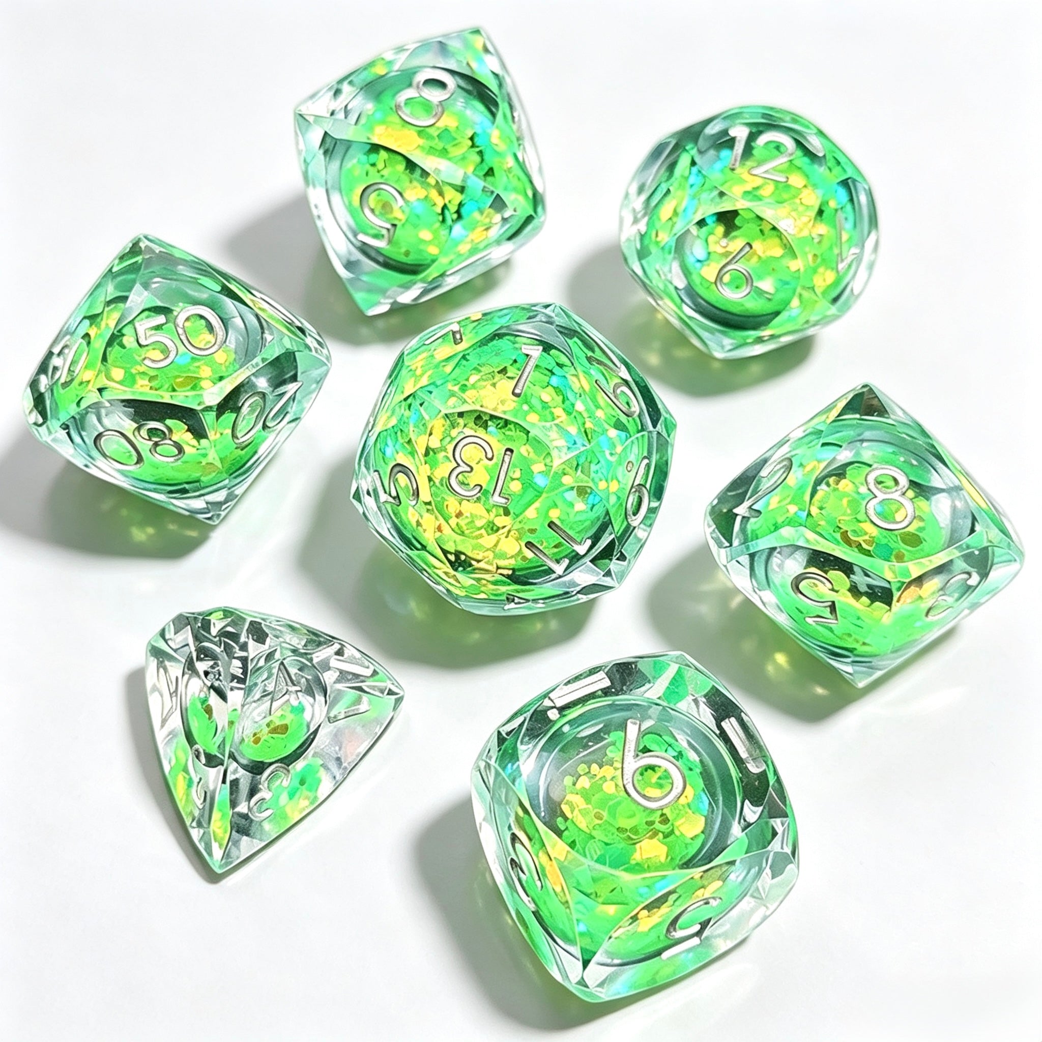 Green Diamond-Cut 7-Piece Dice Set (Glow-in-Dark)