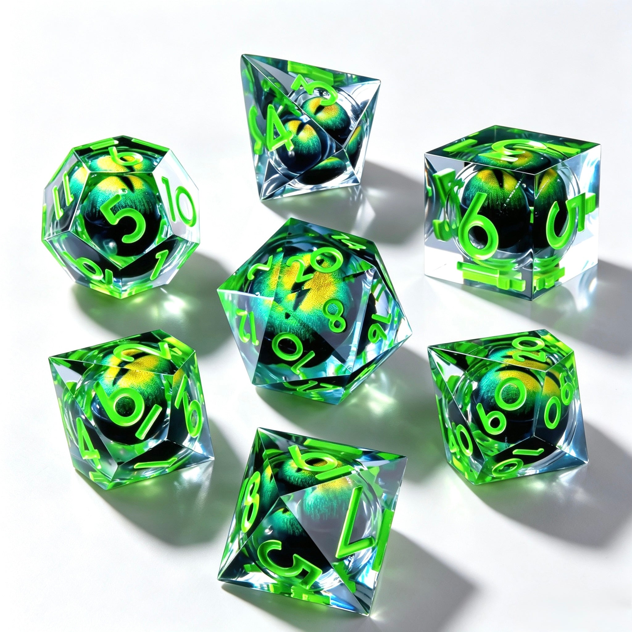 All Green Dragon Eye Liquid Core 7-Piece Dice Set
