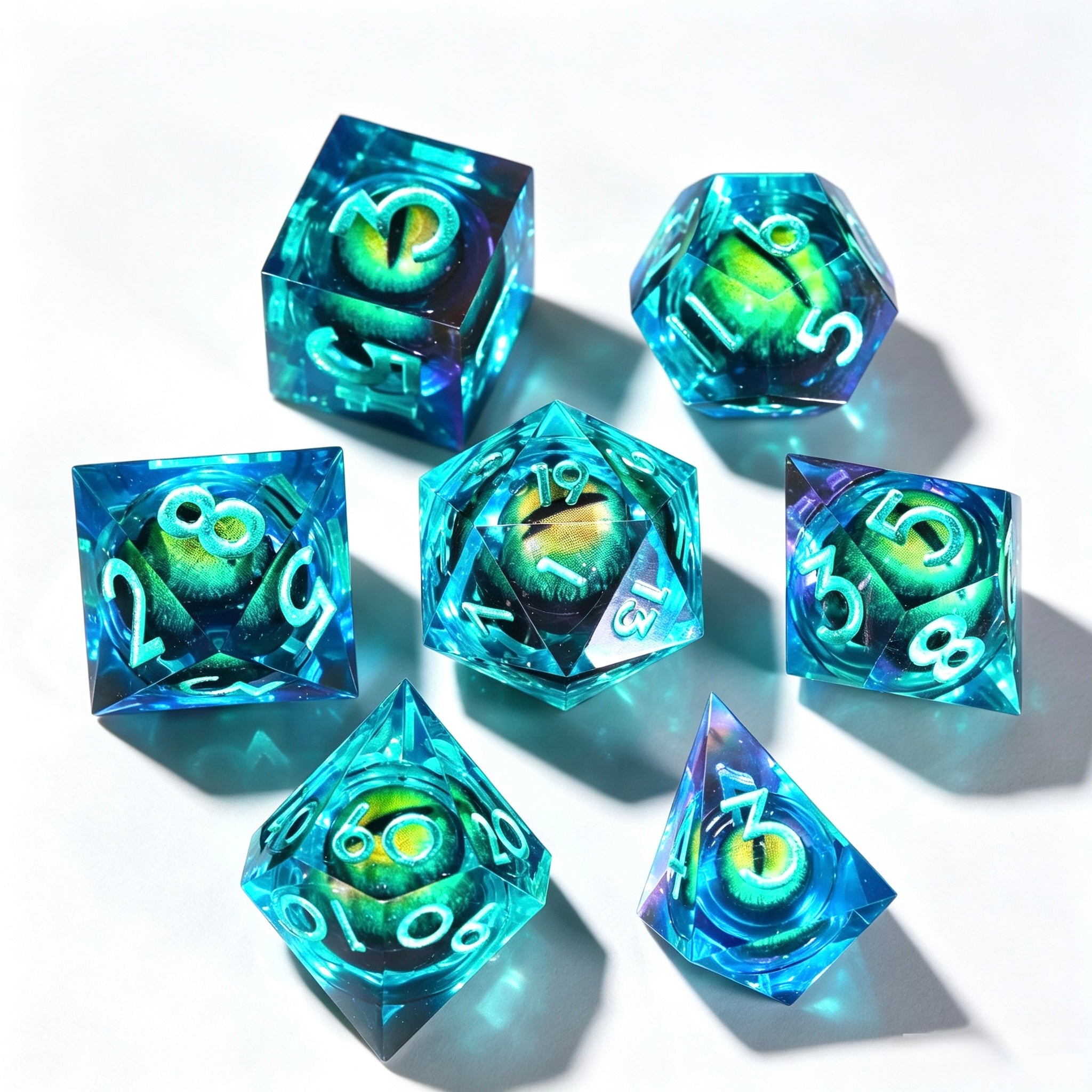 Aqua-Green Green Lettering Eye Liquid Core 7-Piece Dice Set