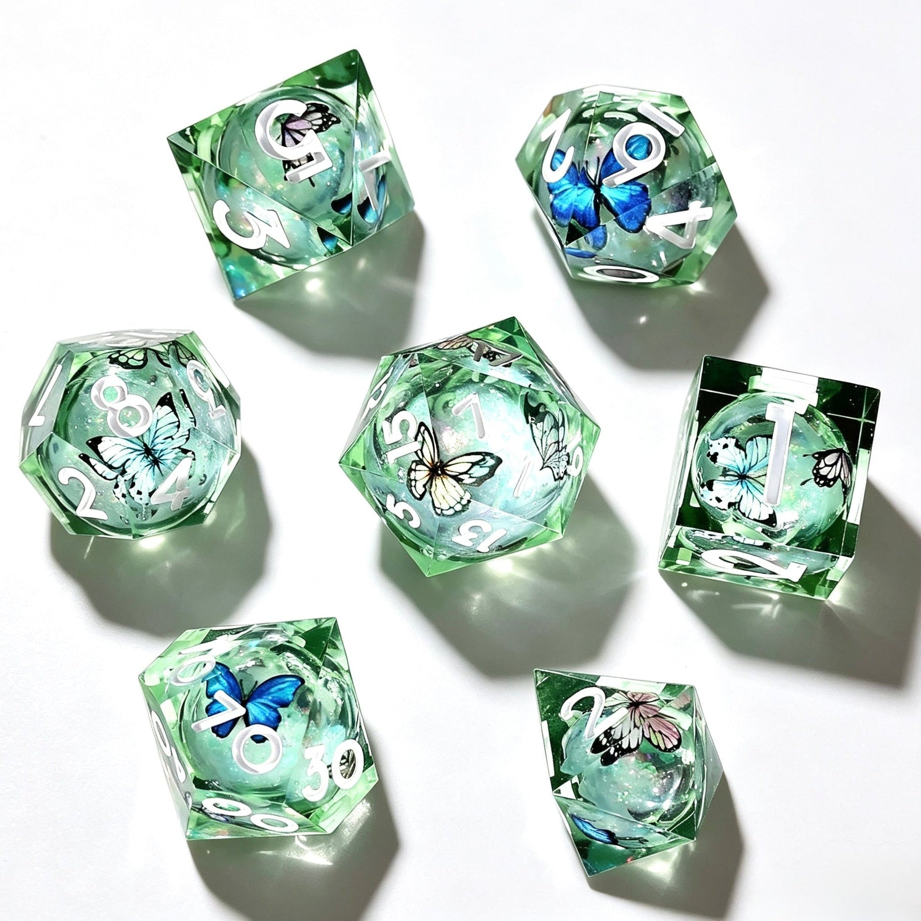 Green Butterfly Liquid Core 7-Piece Dice Set