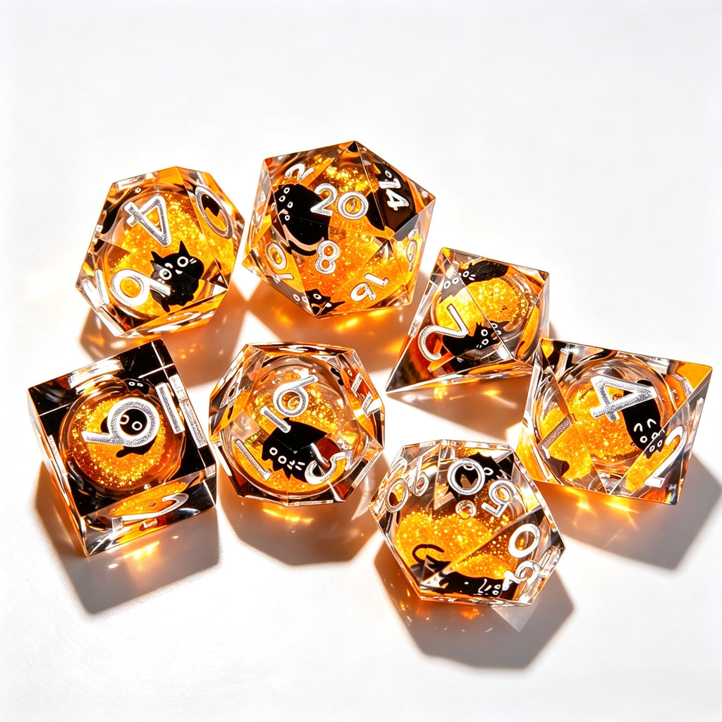 Orange Black Cat Liquid Core 7-Piece Dice Set