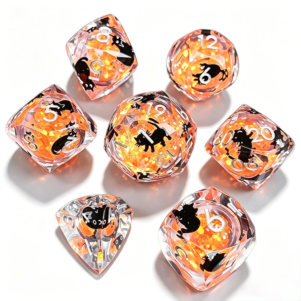 Orange Cat Diamond-Cut 7-Piece Dice Set (Glow-in-Dark)