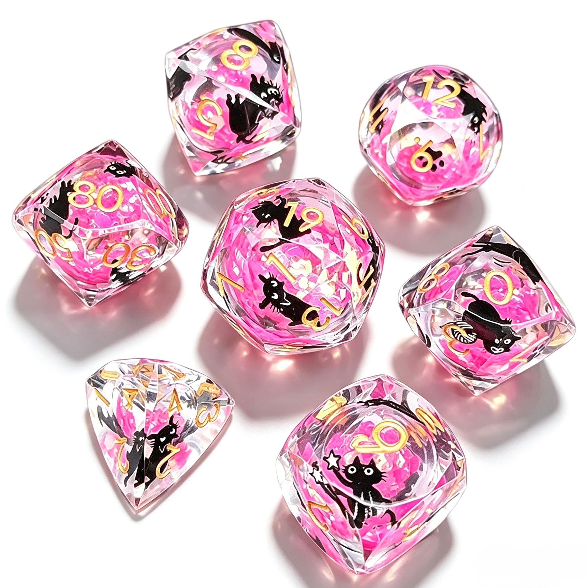 Hot Pink Cat Diamond-Cut 7-Piece Dice Set (Glow-in-Dark)
