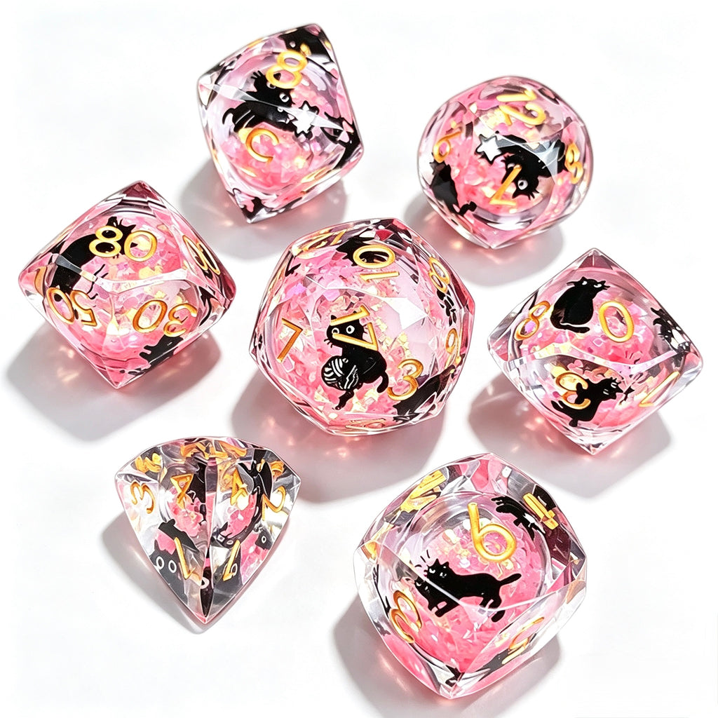 Blush Pink Cat Diamond-Cut 7-Piece Dice Set (Glow-in-Dark)