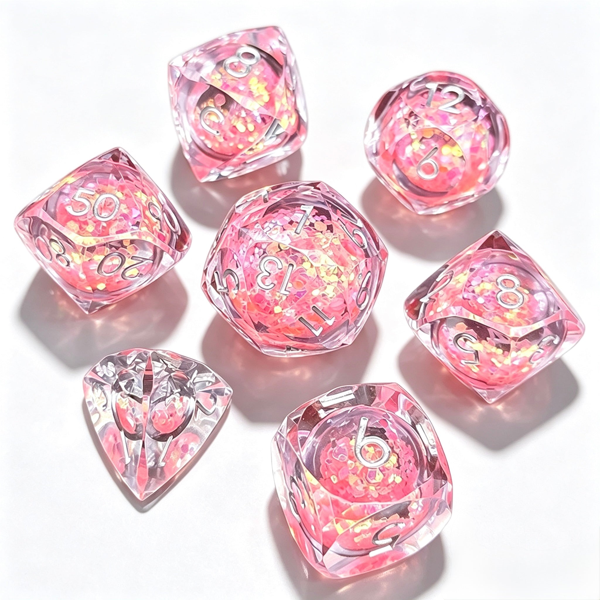 Blush Pink Diamond-Cut 7-Piece Dice Set (Glow-in-Dark)