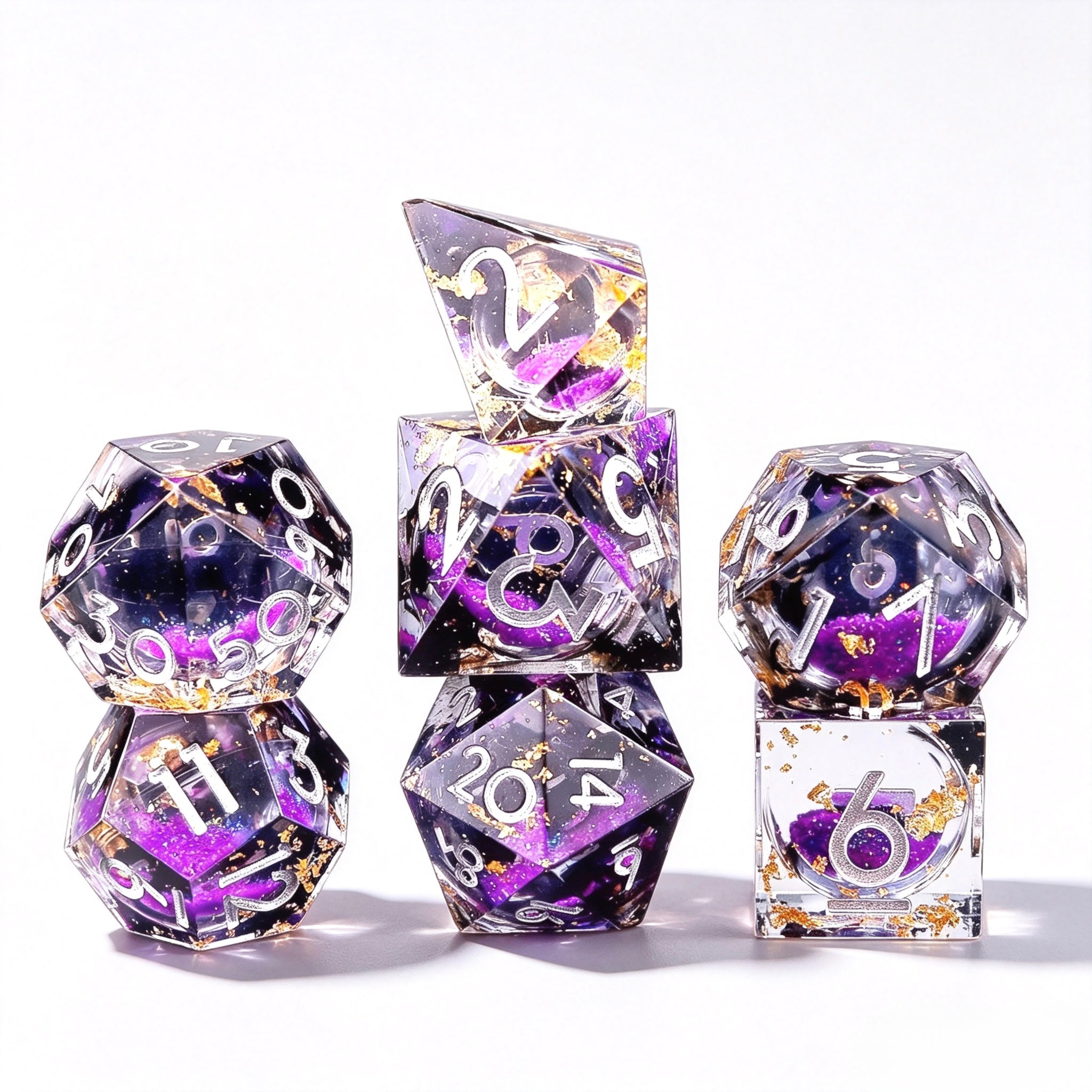 Purple Gold Foil Glitter Liquid Core 7-Piece Dice Set