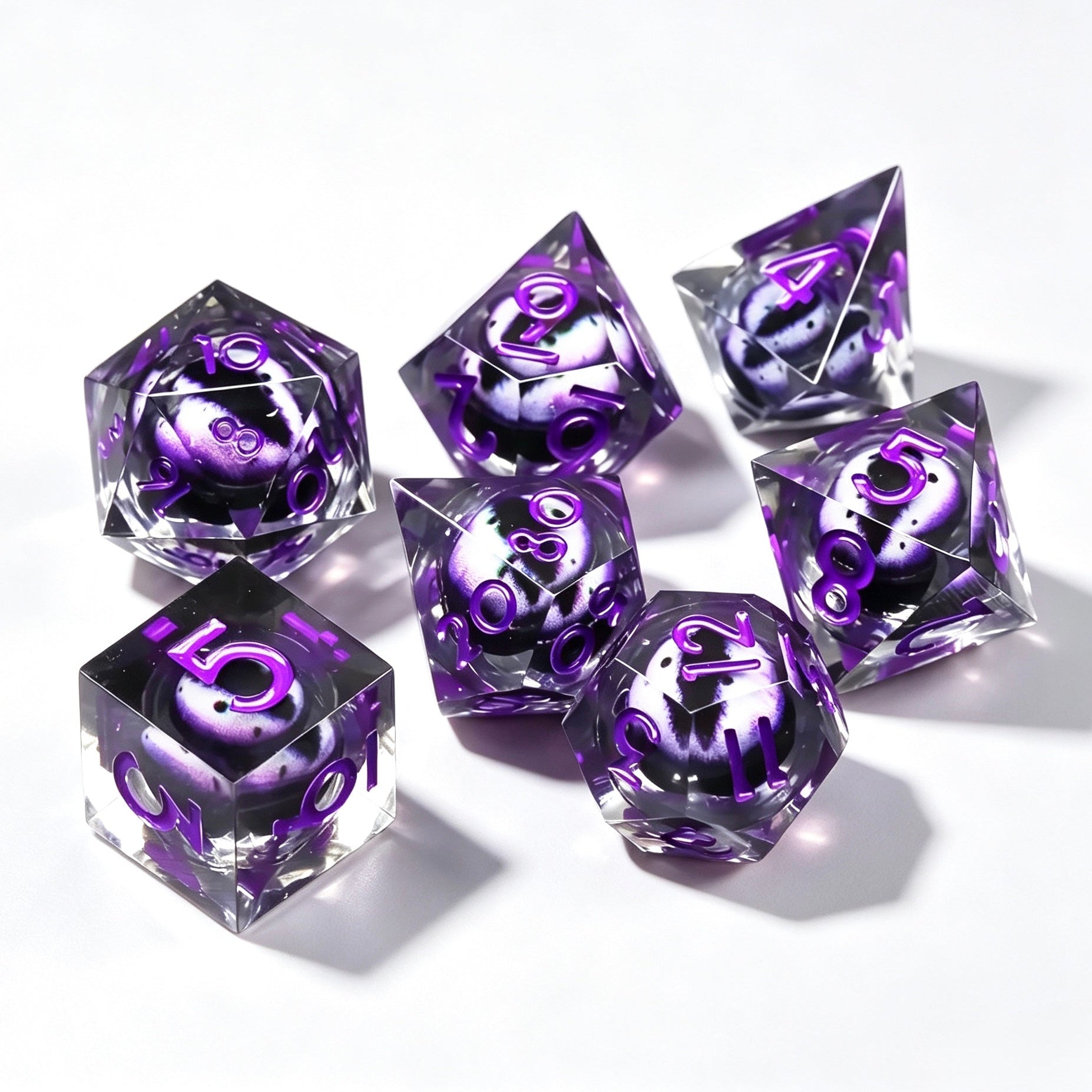 Clear-Purple Eye Purple Lettering Liquid Core 7-Piece Dice Set