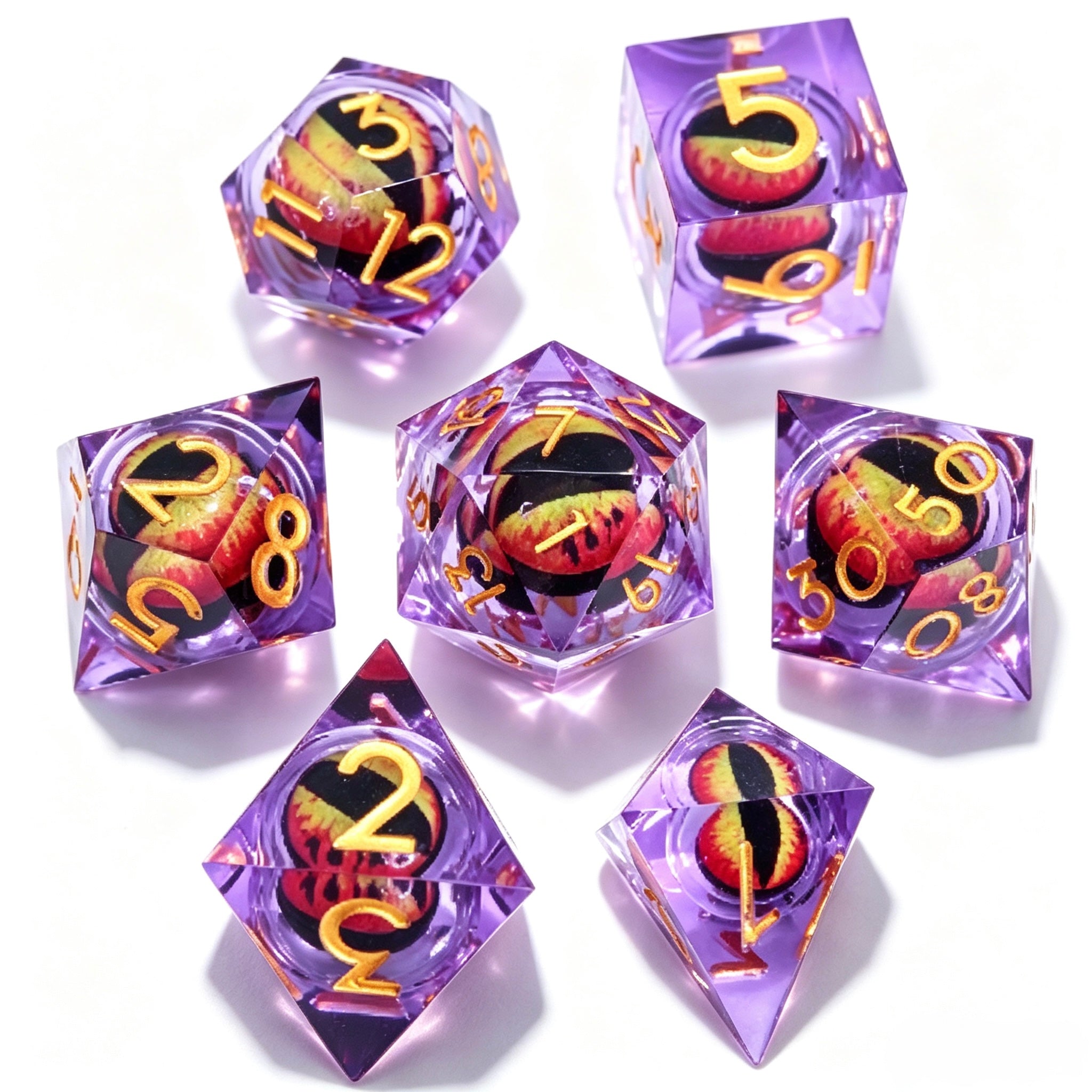 Purple-Yellow Eye Gold Lettering Liquid Core 7-Piece Dice Set