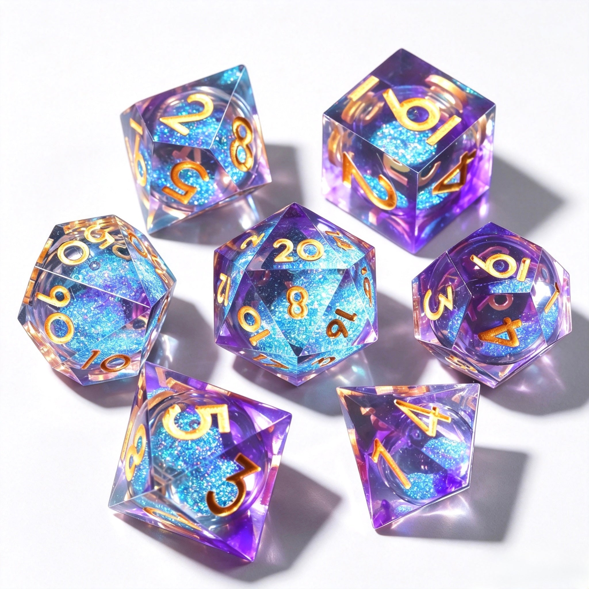 Clear Purple-Blue Glitter Liquid Core 7-Piece Dice Set