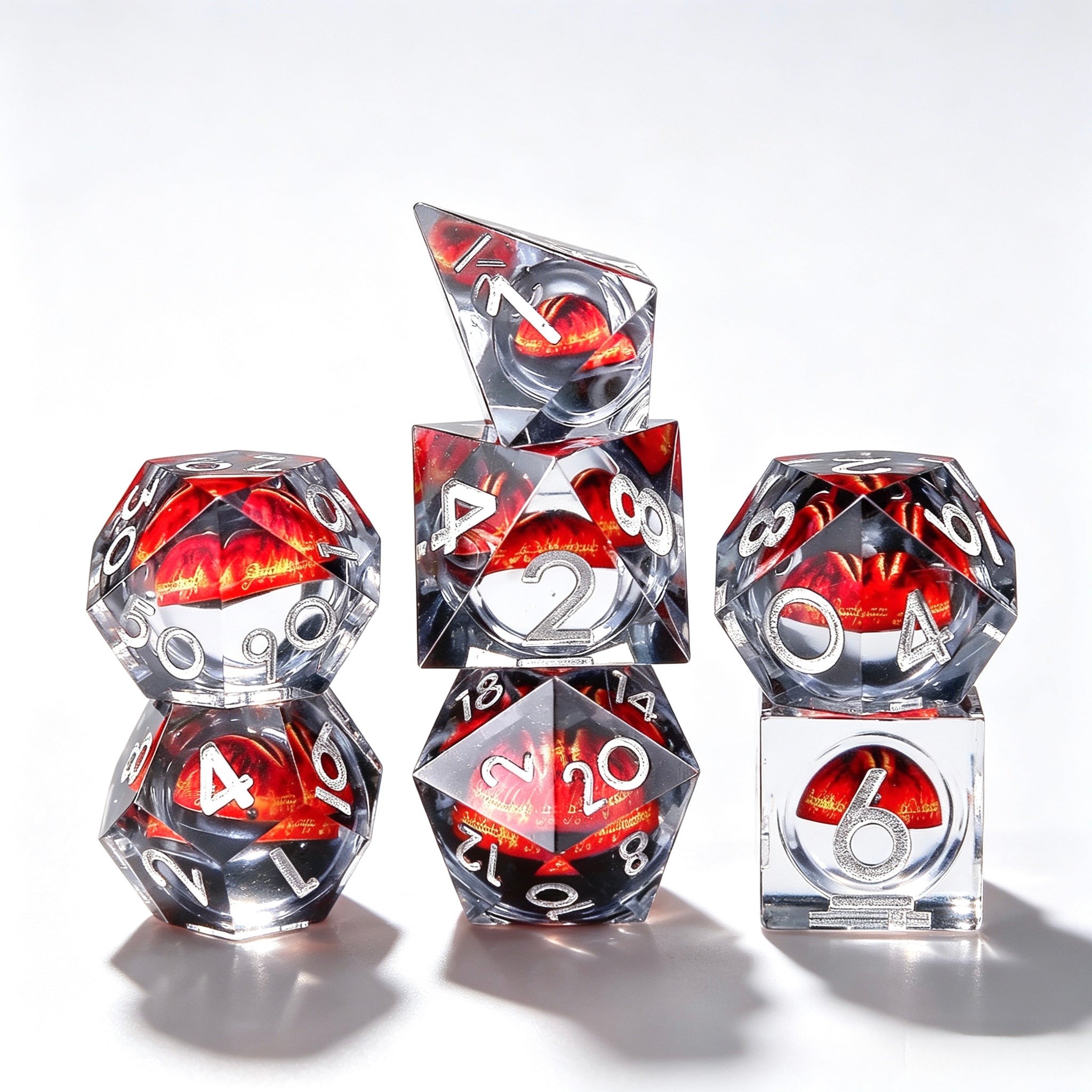 Clear-Red Eye Silver Lettering Liquid Core 7-Piece Dice Set