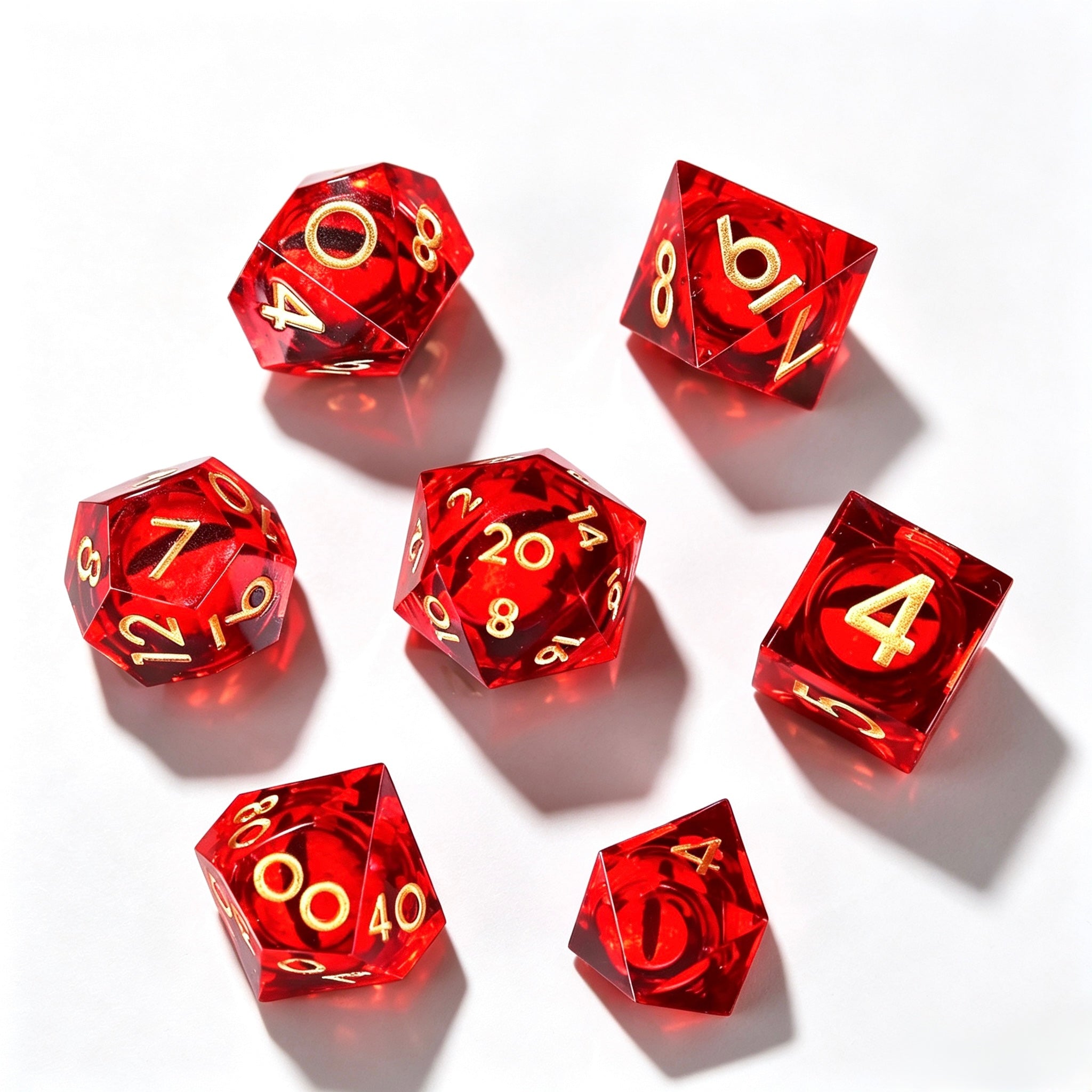 Red-Red Eye Gold Lettering Liquid Core 7-Piece Dice Set