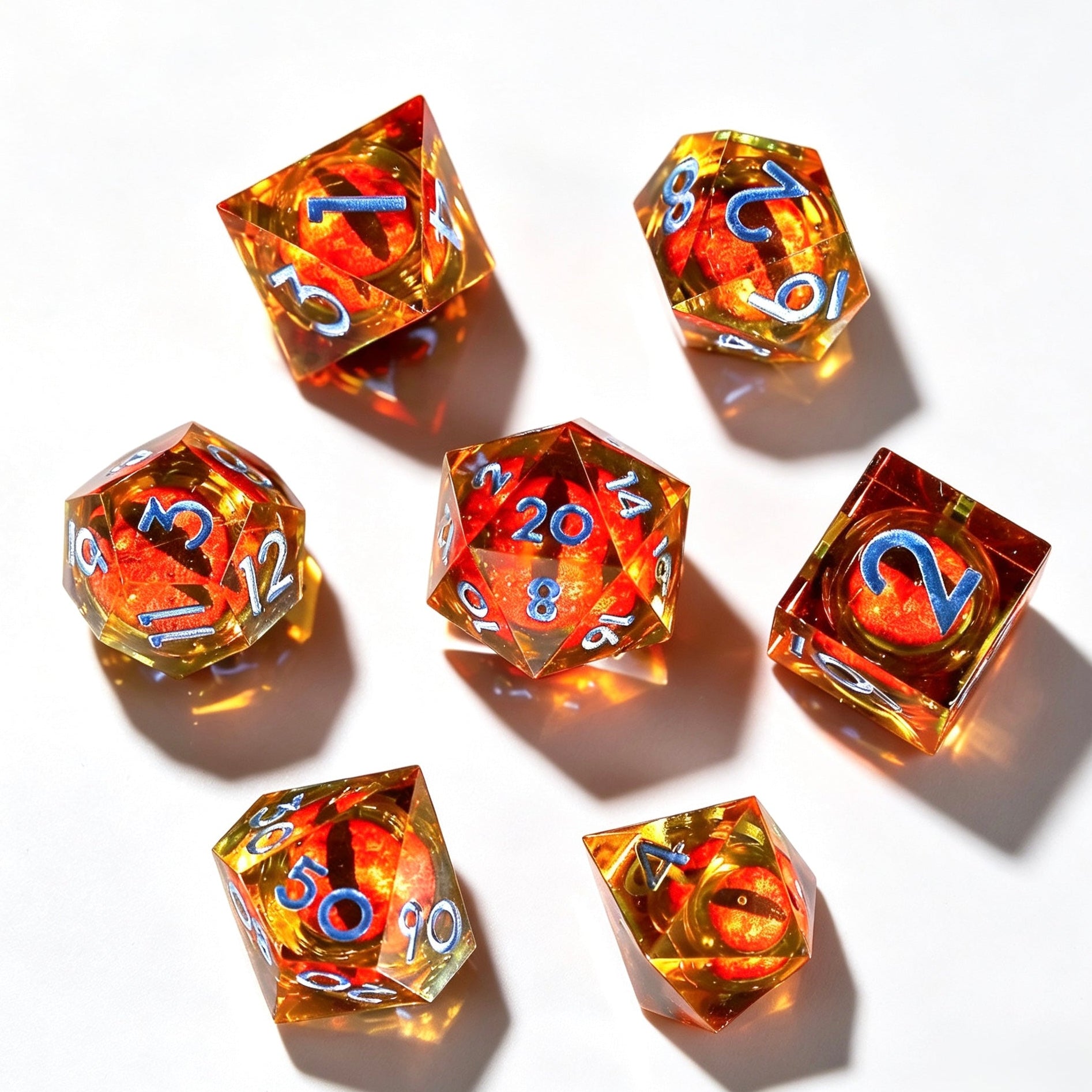Yellow-Orange Eye Liquid Core 7-Piece Dice Set