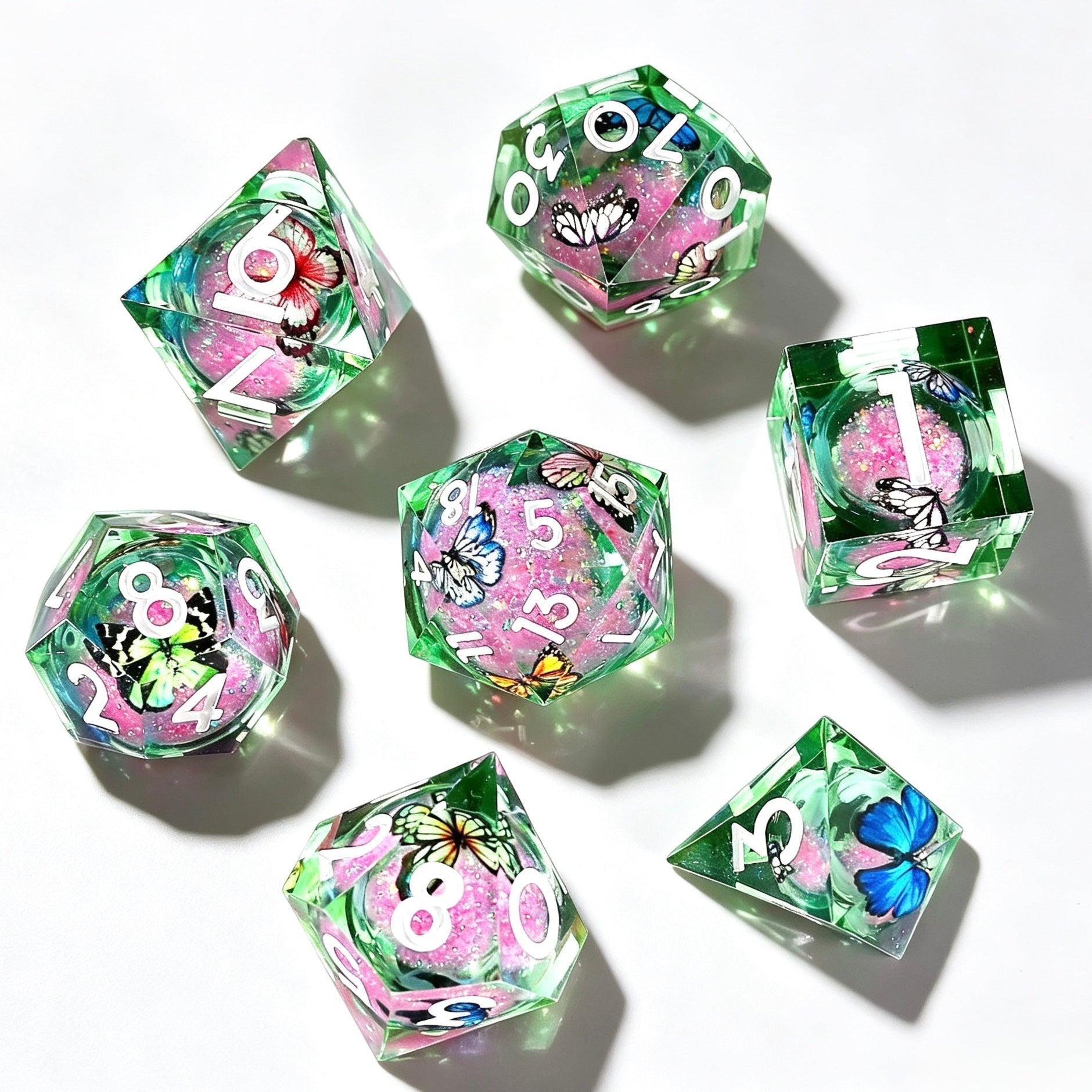 Gradient Pink Butterfly Liquid Core 7-Piece Dice Set