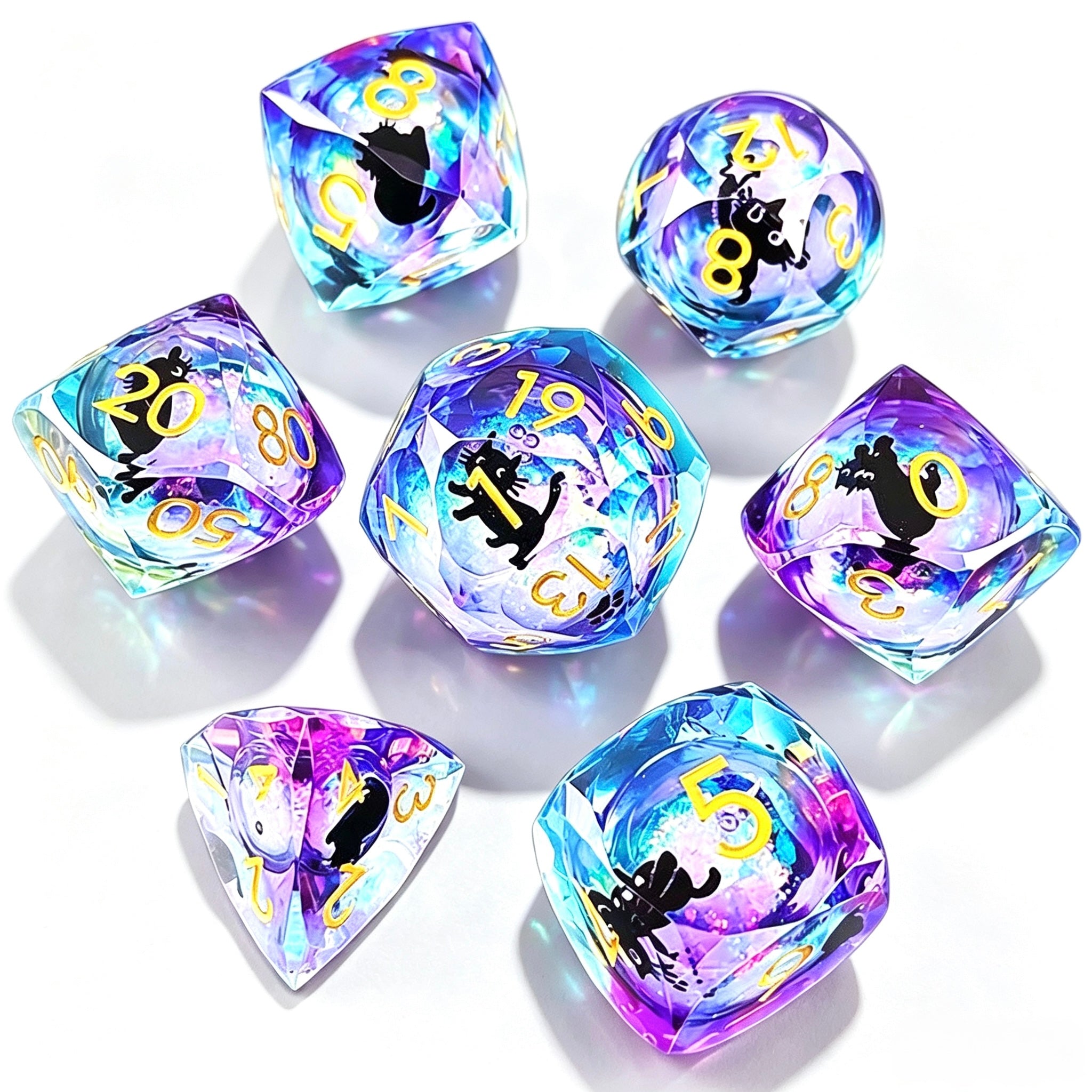 Duotone Diamond-Cut Glitter Cat 7-Piece Dice Set
